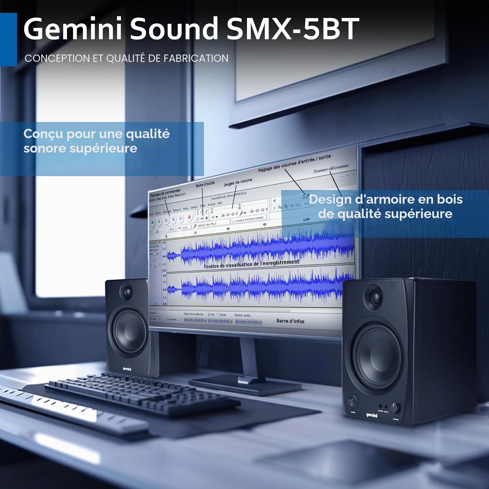 Gemini Sound SMX-5BT Haut-parleurs de Studio 5" Bluetooth 200W crête Entrées TRS/RCA/AUX Réglage Acoustique Paire Active/Passive