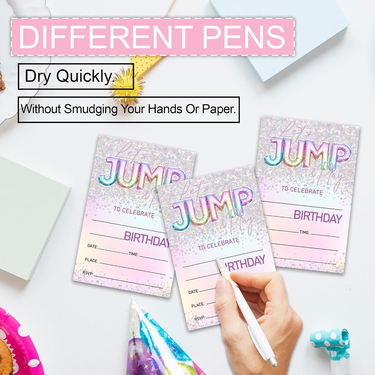 Let's Jump Birthday Party Invitations, Double Sided Silver Glitter Rainbow Fill-In Invites Card for Birthday Party, Fit for Boys Girls Teen, 4 x 6 Inch 20 Pack with Envelopes