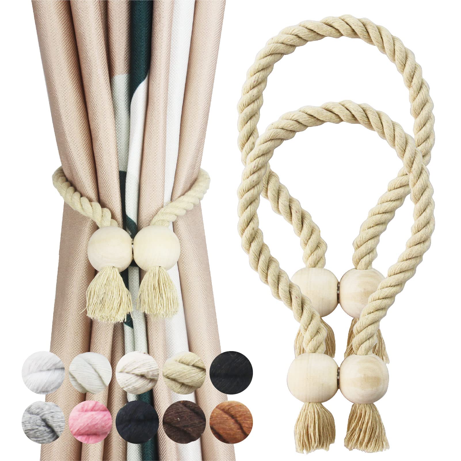 Alzapaños magnéticos Porlau artesanales de algodón trenzado a mano y madera noble pack de 2