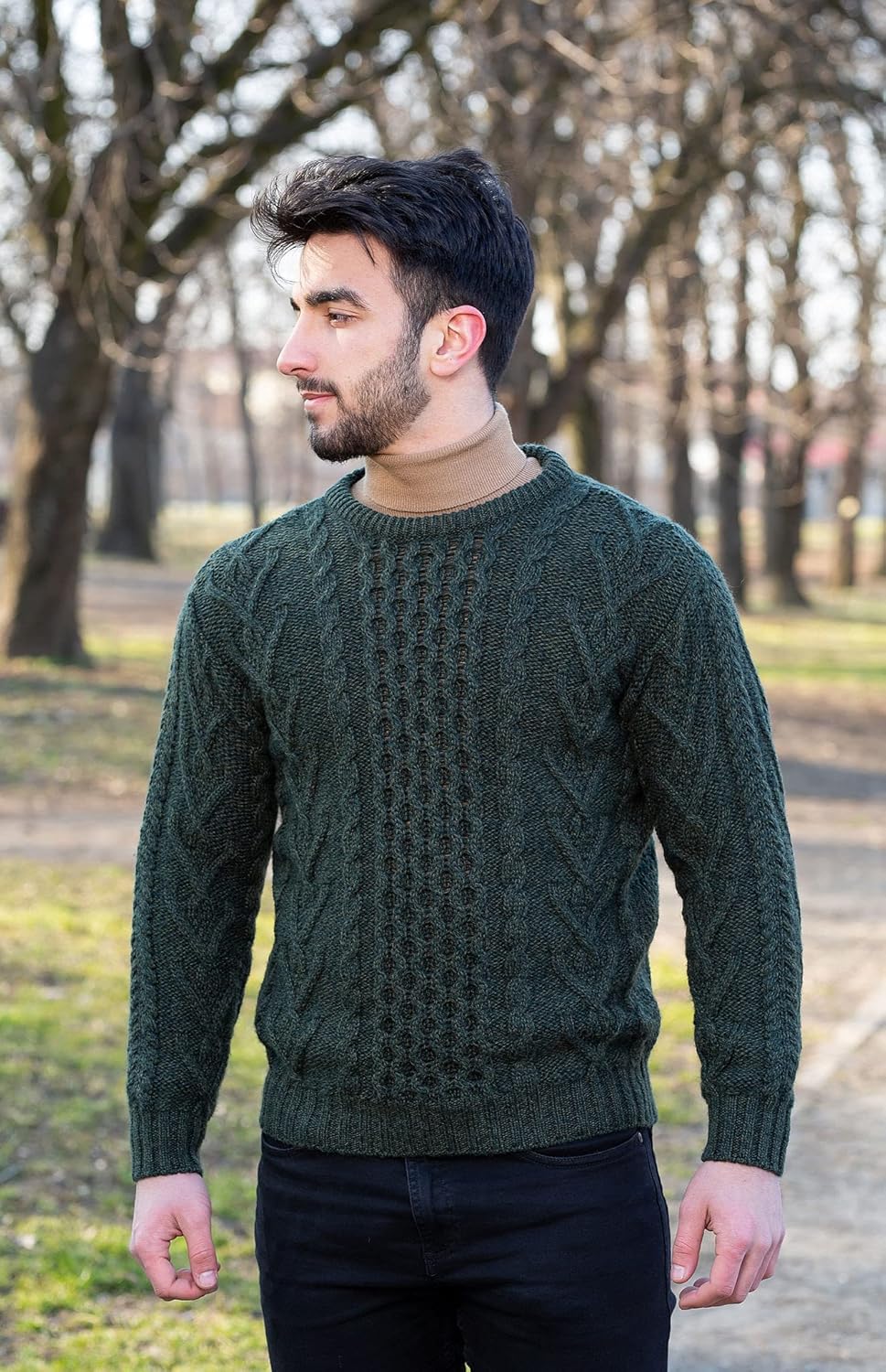 SAOL 100% Merino Wool Men's Irish Traditional Aran Crew Neck Cable Knit Sweater Pullover - Image 7