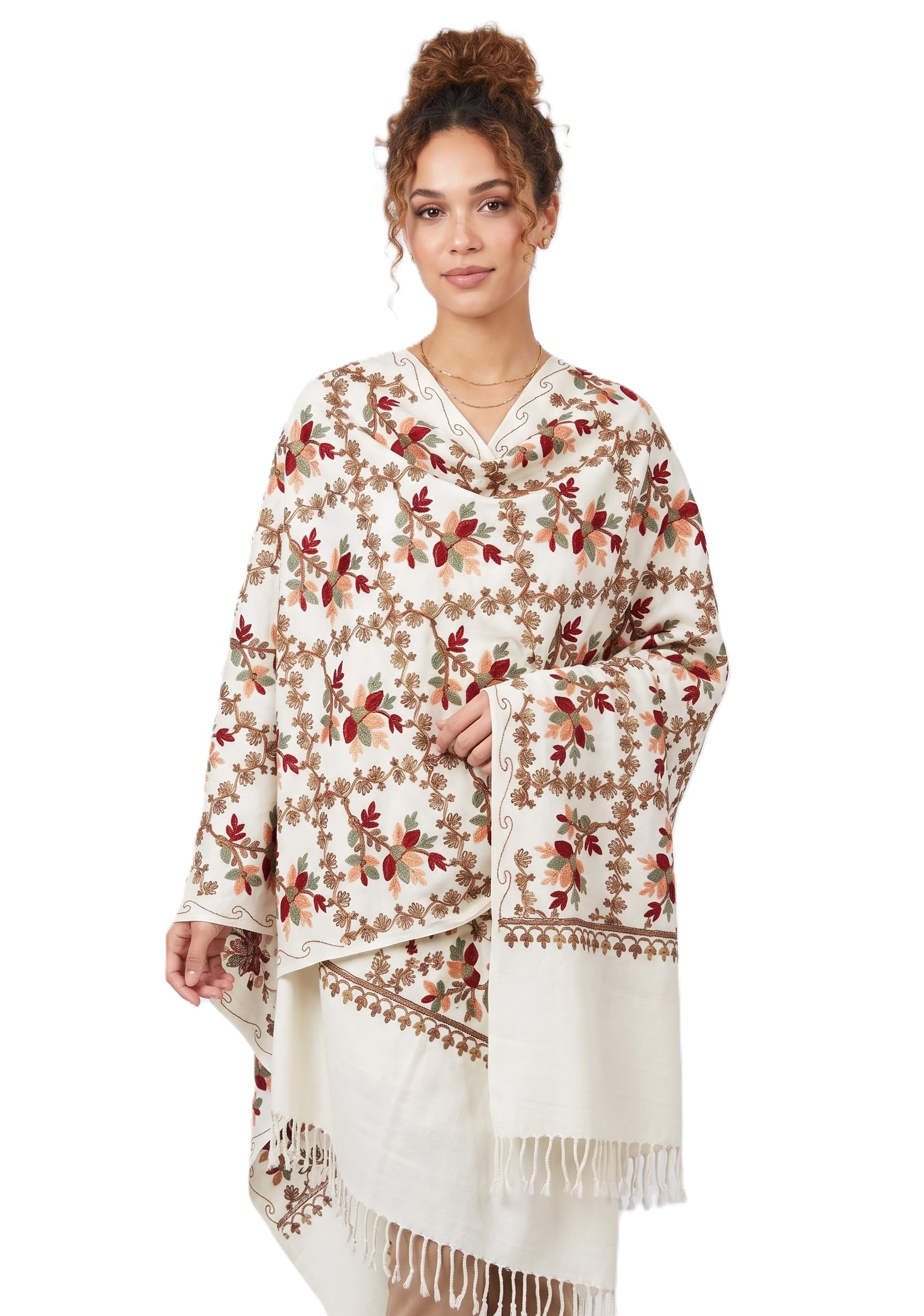 Kashmiri Shawl with Multicolour Aari Embroidery, Women's Wrap, Ivory, 28x80 Inches-image-26