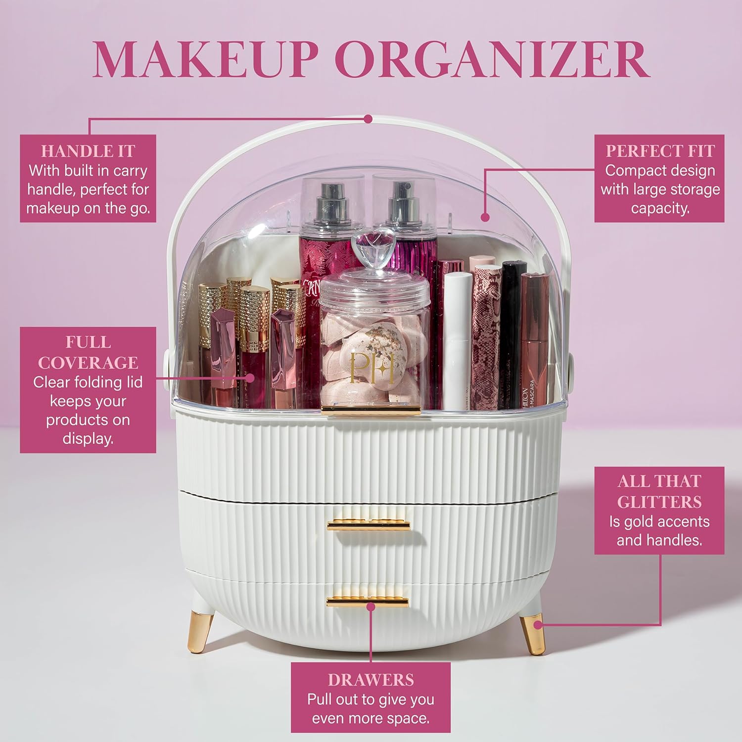 Paris Hilton Makeup Storage Organizer with Lid, Cosmetics and Skincare Organizer for Vanity, Portable Makeup Storage Box for Countertop, Fluted Design with Gold Accents, White