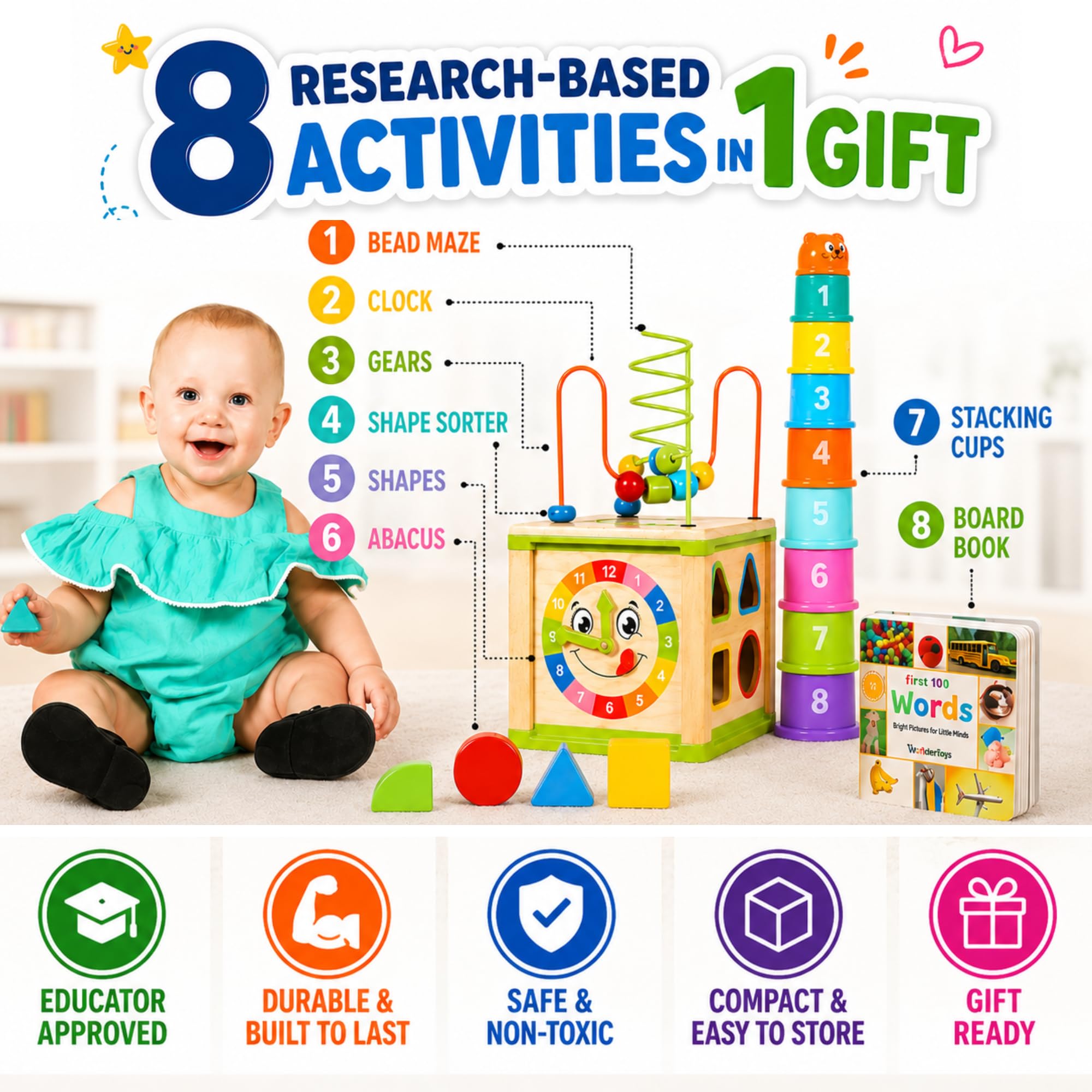 Wooden Activity Cube for 1 Year Old - Perfect Gift! -2