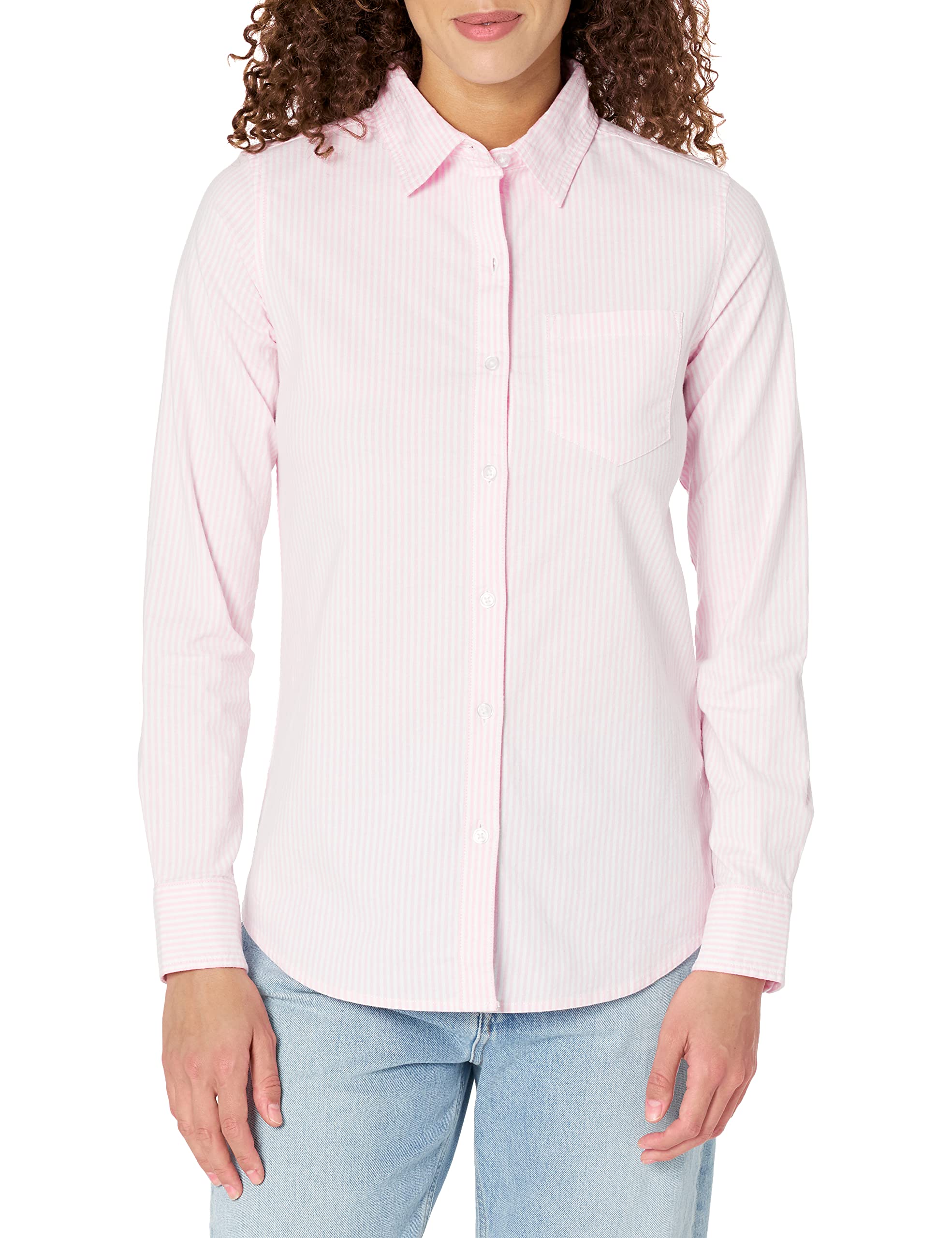 Amazon Essentials Women's Long Sleeve Button Down Stretch Oxford Shirt (Available in Plus Size), Light Pink White Stripe, Small