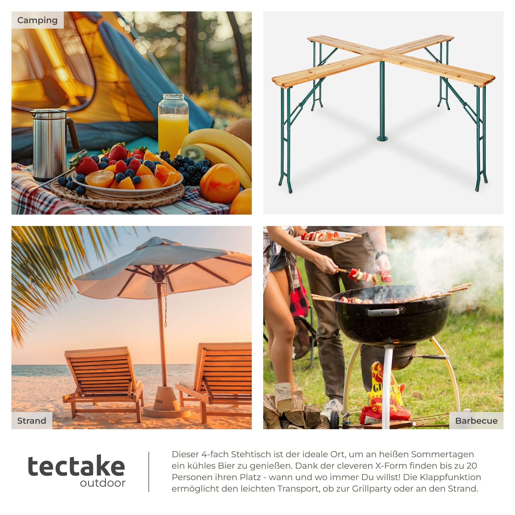 tectake® Stehtisch Quattro als Bierzeltgarnitur, XXL Biertisch aus Holz, klappbar, Outdoor Klapptisch mit Sonnenschirmhalterung, wetterbeständiger Gartentisch, Platz für 20 Personen, robust und stabil