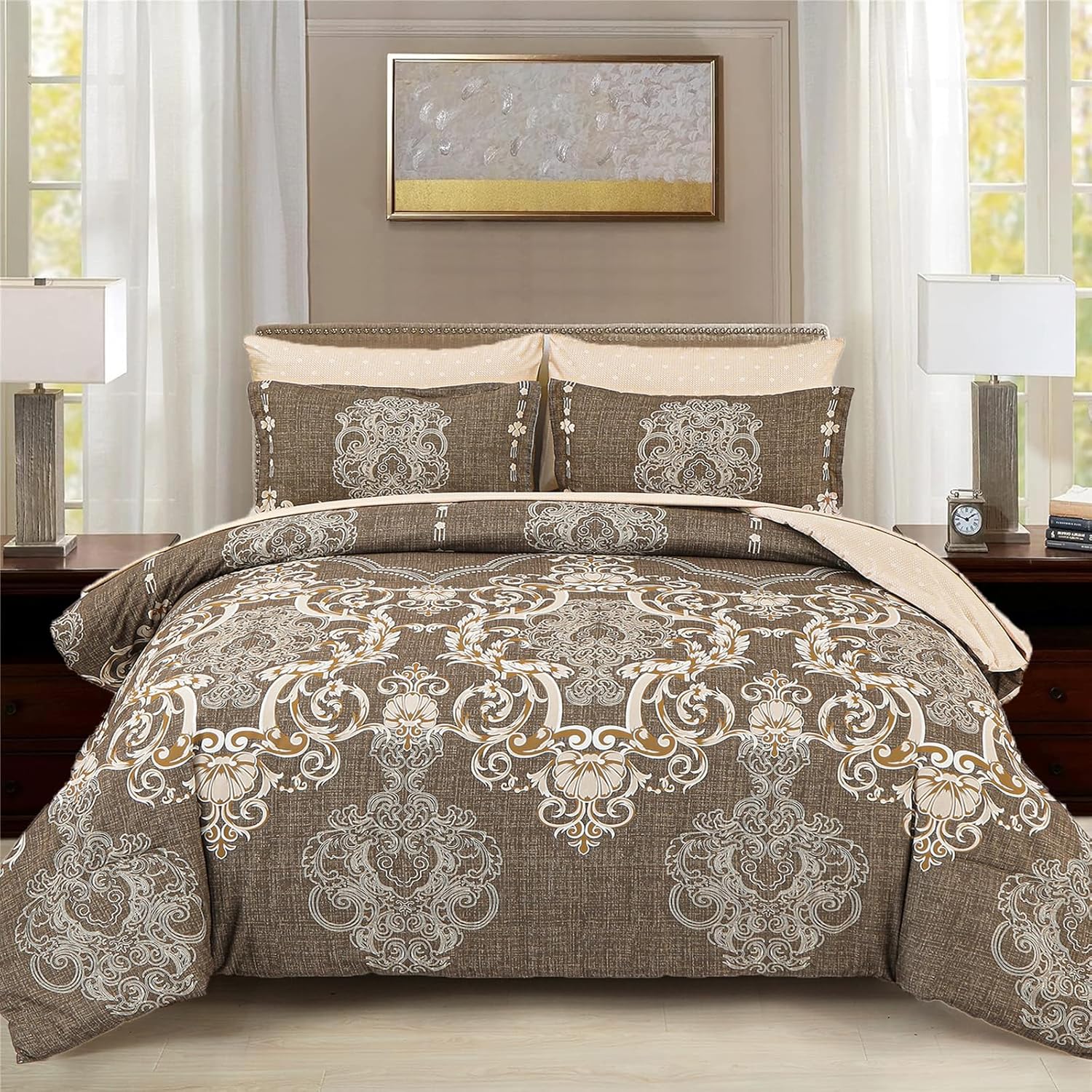 Mybedsoul Browm Comforter Set Queen Size 7 Piece Boho Paisley Bed in a Bag Damask
