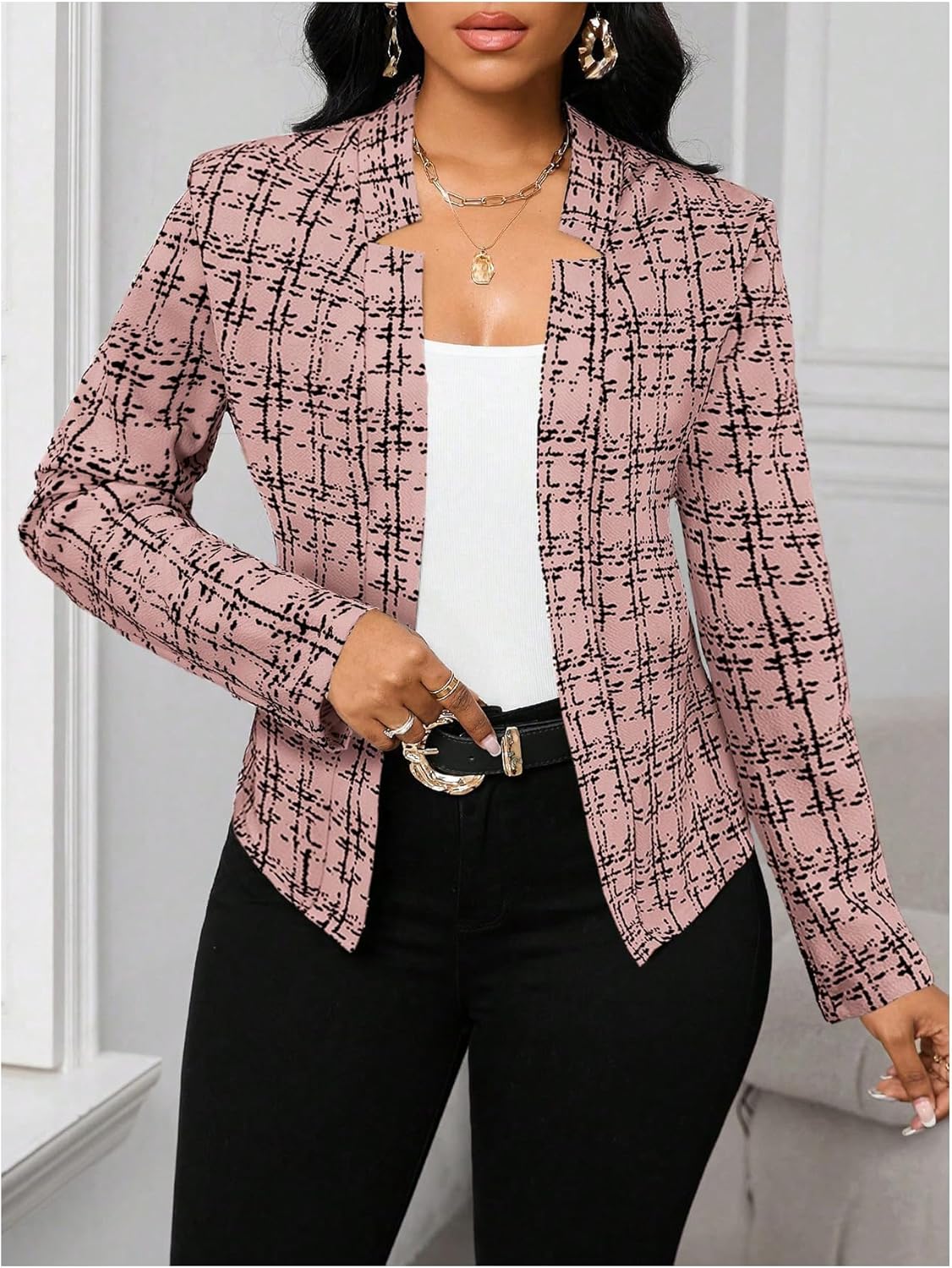 SOLY HUX Women's Plaid Tweed Blazer Elegant Open Front Long Sleeve Business Work Suit Jackets - Image 3
