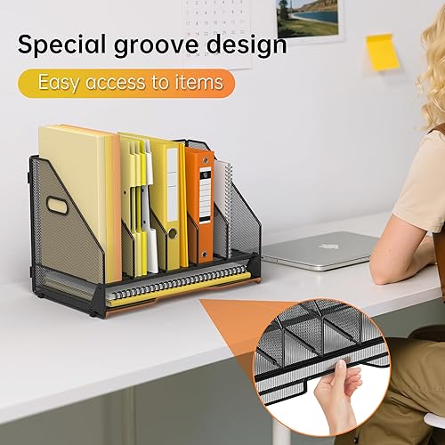 Miniatura 5 de Docnest Organizador de archivos de escritorio, 5 compartimentos verticales con bandeja de cartas, soporte de archivos de malla con asa,