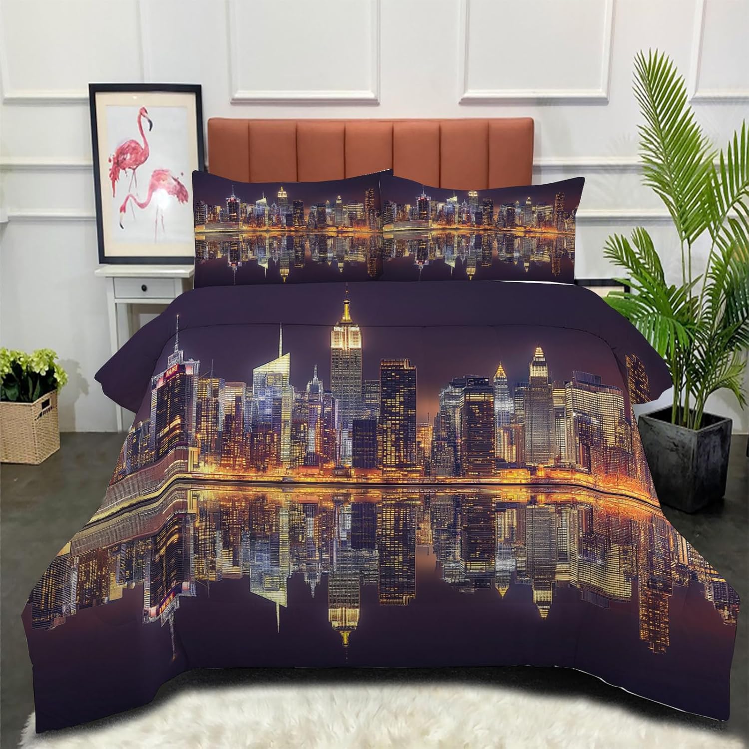 3D New York Architecture Comforter Set Queen Size Bedding Set New York City Night Scene All Season Down Comforter Printed Quilted with 2 Pillow Shams for Kids, Teens, Adults 90 x 90in Purple