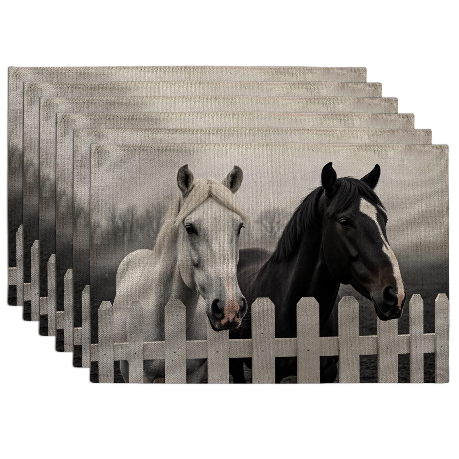 Horse Farmhouse Placemats, Rustic Animal Print Place Mats for Dining Table, Country Chic Non-Slip Washable Indoor Outdoor Kitchen Party Decorative Placemat Set of 6