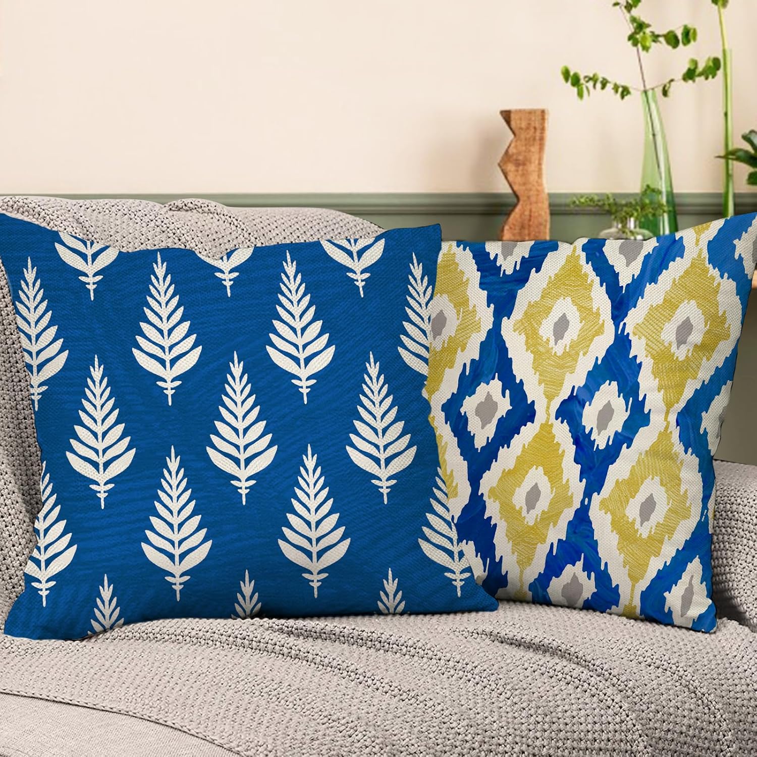 Geometric Dahlia Flower Decorative Throw Pillow Covers 18 x 18 Set of 4, Live Laugh Love Porch Outdoor Home Decor, Yellow Blue Floral Leaves Modern Art Couch Cushion Case - Image 5