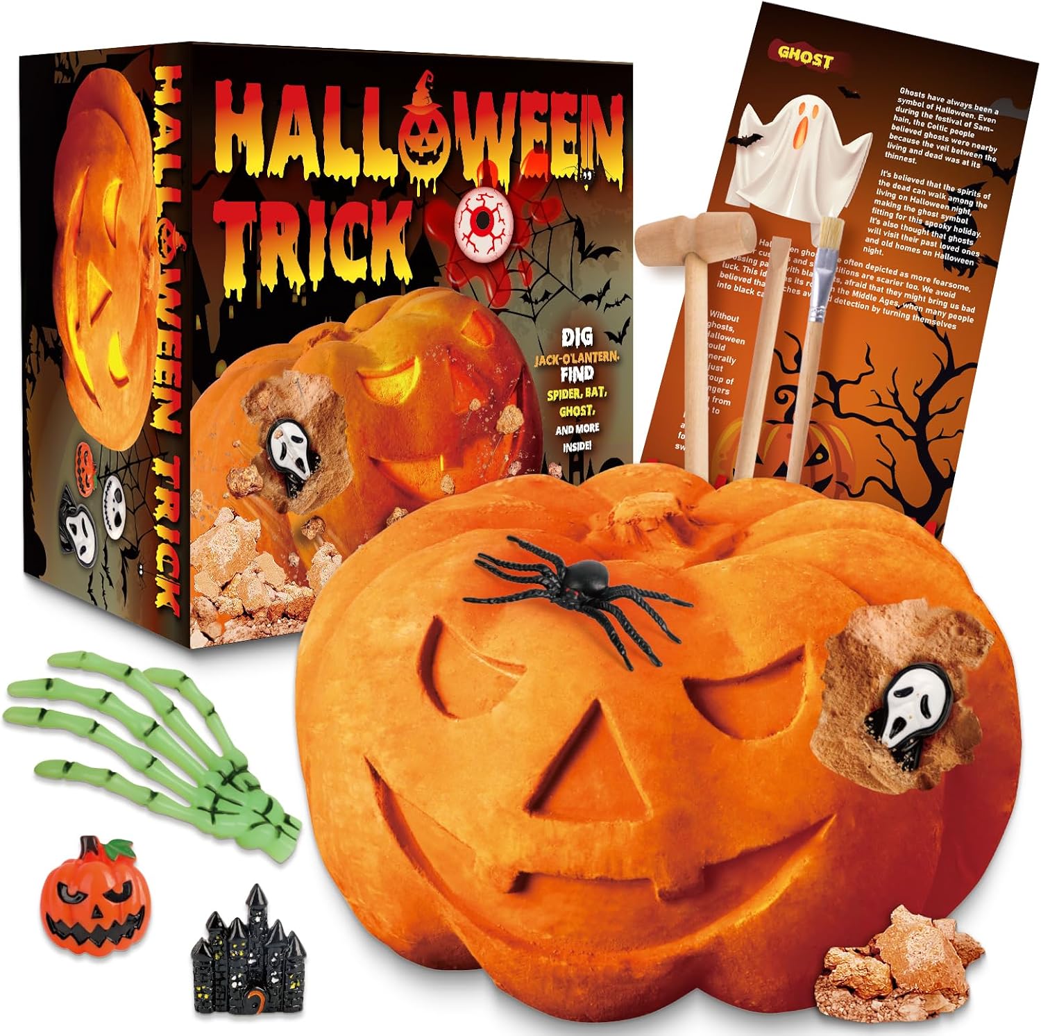 Pumpkin Dig Kit – Digging 12 Spooky Toys, Ghost, Spider, Cockroach and More, Science STEM Digging Kit Toys for 5 6 7 8 9 10 11 12 Years Old Boys Girls, Gifts for Kids Orange