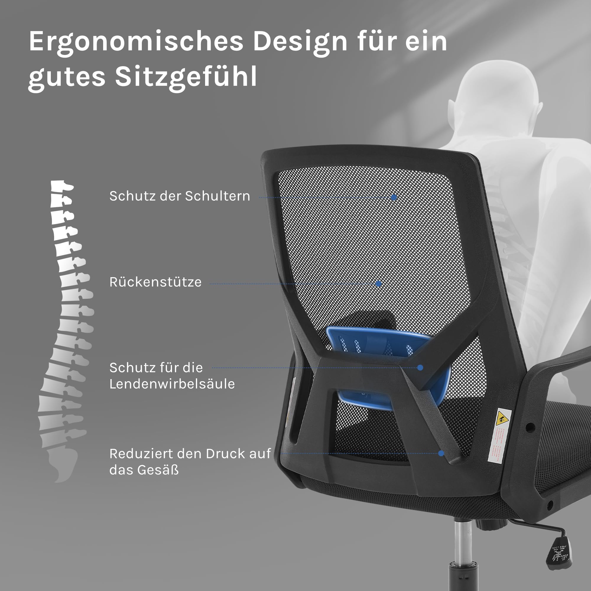 Bürostuhl, Computerstuhl mit Faltbarer Rückenlehne Schwarz | 90° klappbare Rückenlehne, Lendenwirbelstütze, Höhenverstellbarer Arbeitsstuhl Drehstuhl, Netzstoff