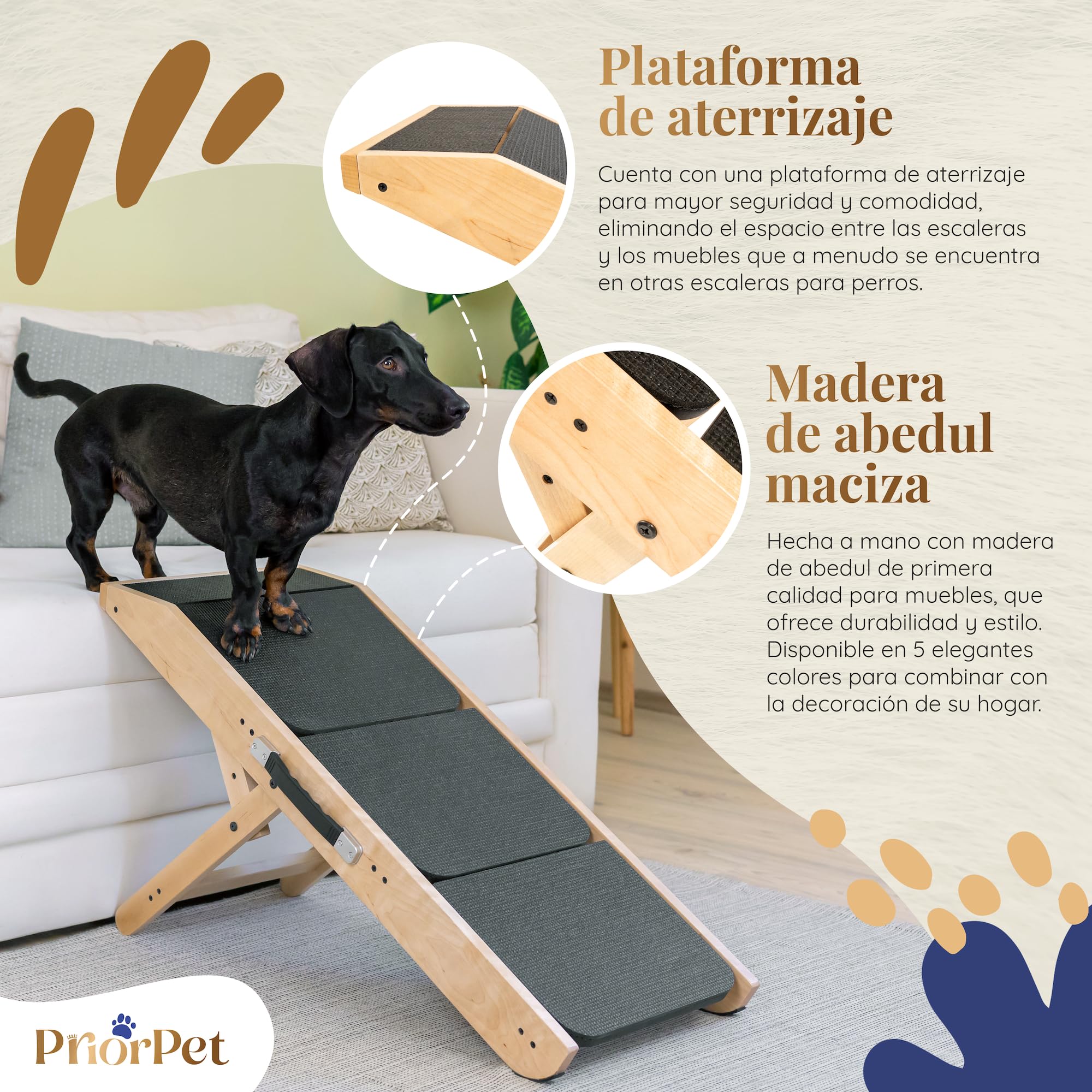 Escalones y Rampa para Perros 2-en-1 - Escalera/Rampa Ajustable en Altura para Sofá 18-50 cm - Escalones para Mascotas, Escalones para Perros Pequeños - con Plataforma de Aterrizaje, Natural