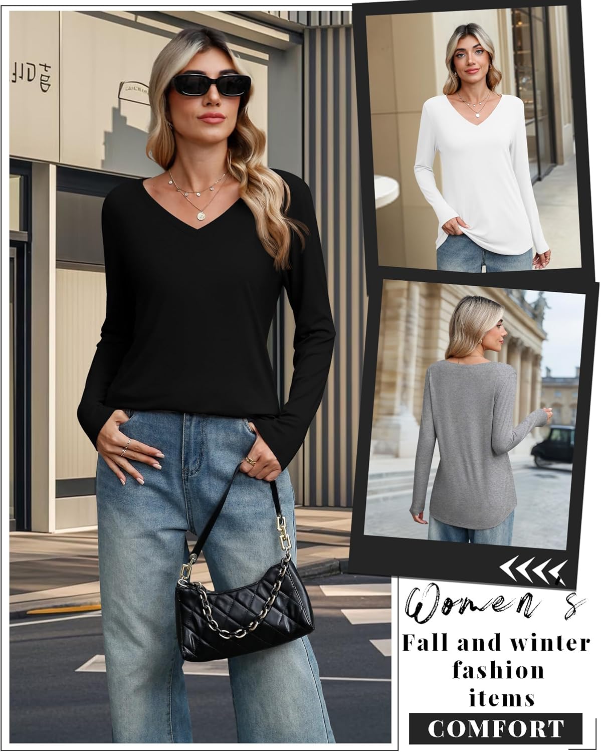 Ficerd 3 Pack Women's Long Sleeve Shirts, V Neck Cotton Blend Tops Loose Fit Casual T-Shirts Curved Hem Basic Layering Tees - Image 6