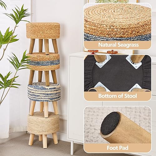 Miniatura 4 de Cpintltr Reposapiés redondo otomano natural de algas marinas tejidas a mano, pufs de jacinto de agua, ecológico, taburete suave, reposapiés