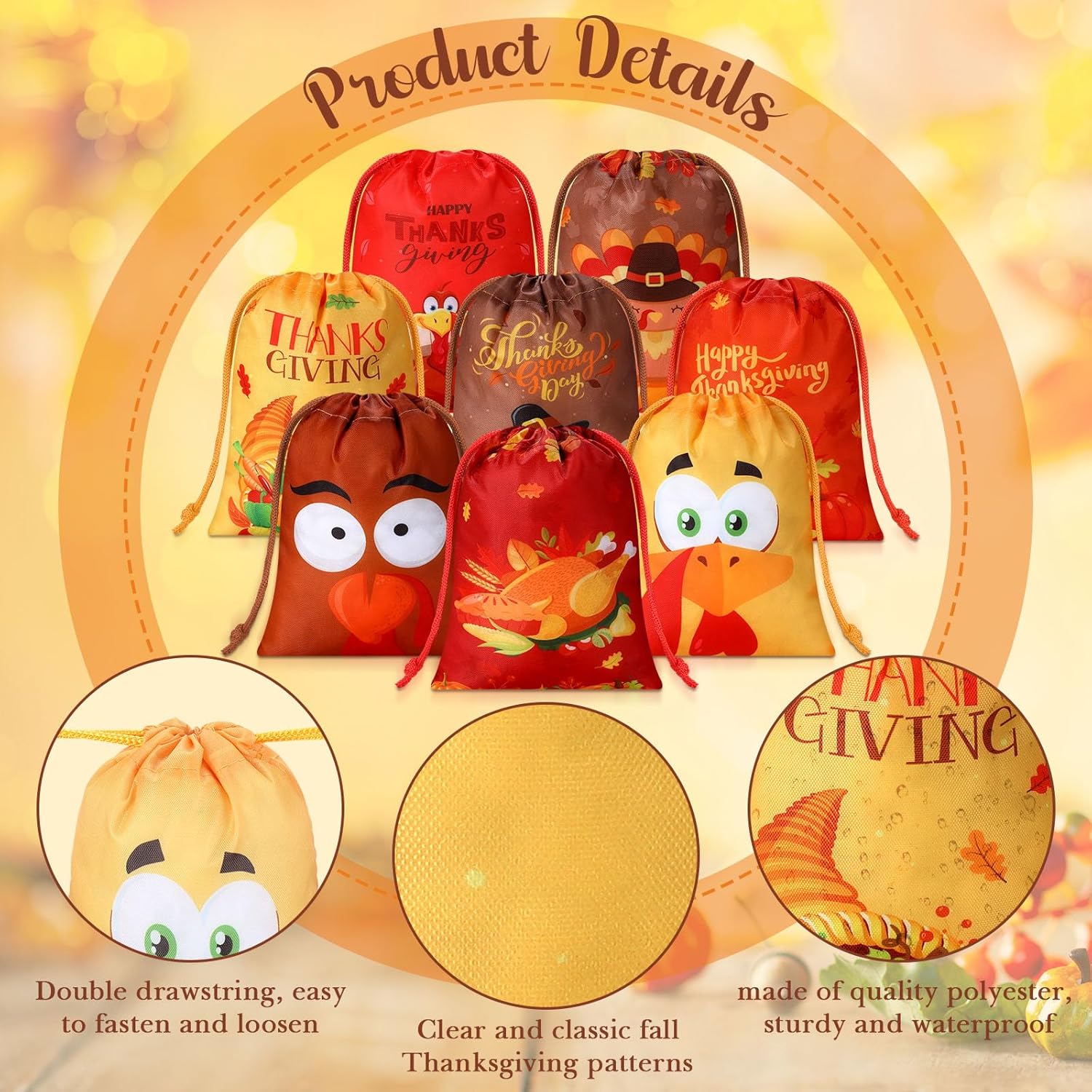 Paterr 24 Pcs Fall Thanksgiving Gift Bags with Drawstring Thanksgiving Party Favor Fall Pumpkin Candy Goodies Treat Bags Forautumn Birthday Party Decor Supplies(Maple) - Image 3