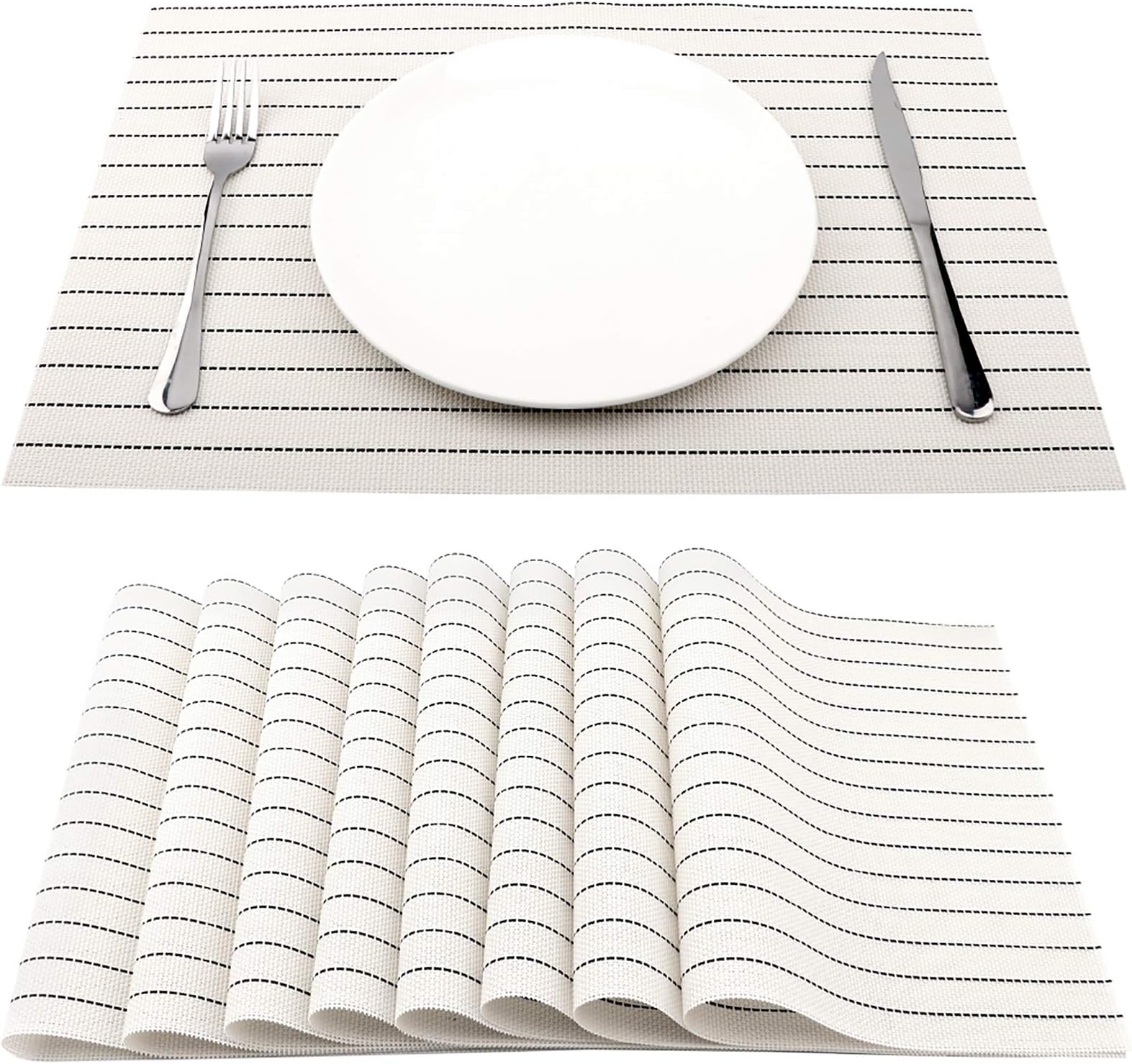 SUEH DESIGN Placemats for Dining Table 18" x 12", Heat-Resistant Crossweave Woven Vinyl Placemats, Washable Kitchen Table Mats Set of 8, Lined Cream