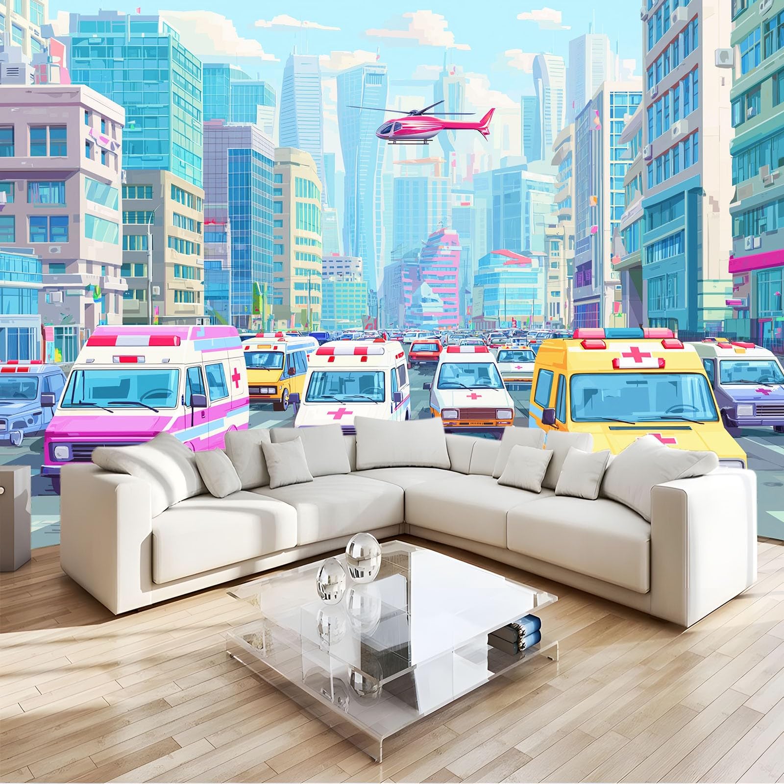 Fototapeta 3D 200 x 140 cm - wielokolorowa włóknina tapeta ścienna do salonu i telewizora biura - dekoracja XXL niesamoprzylepna kreskówka śmigłowiec pojazdów ratowniczych