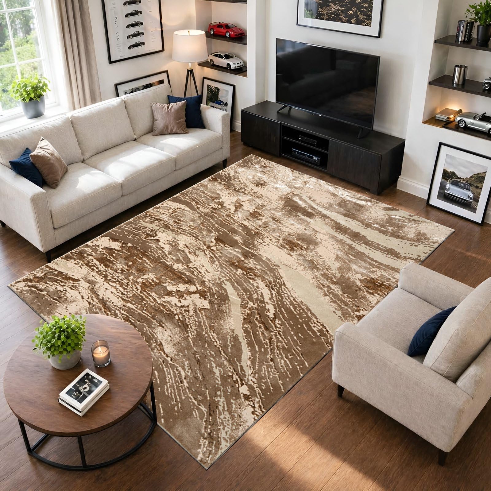 renoazul® Soft Pile Extra Large Rugs For Living Room - Jeze Mink Rug - 200 x 290 cm - Washable Marble Effect Rug For Bedroom, Lounge and Sitting Room