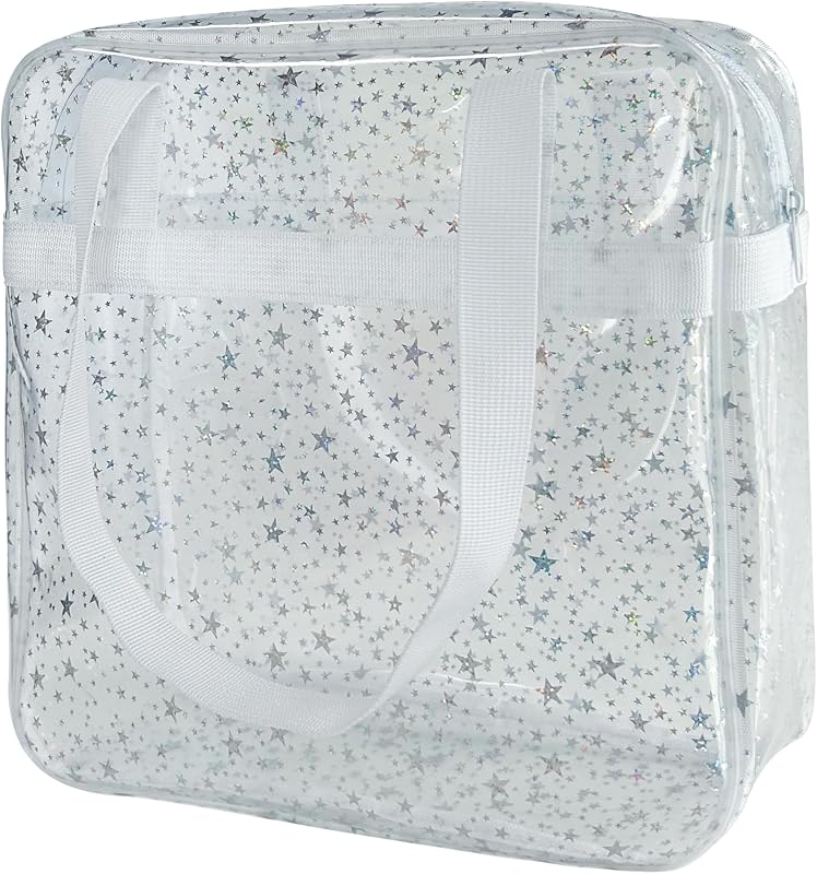 Necessaire TotePrint de PVC transparente com estrelas holográficas, zíper e alças — 30,00 x 30,00 x 10,01 cm