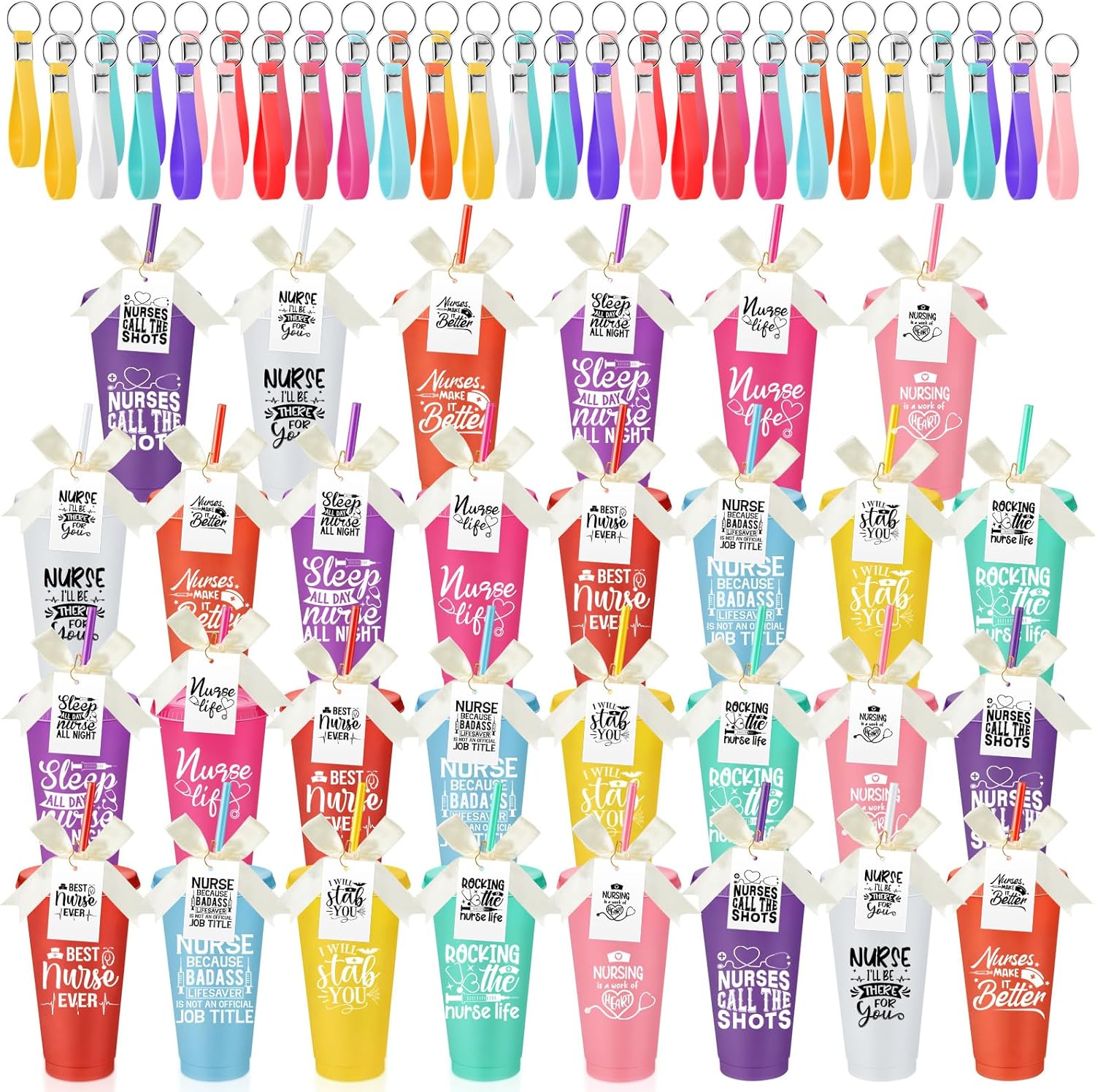 30 Sets Nurse Appreciation Gifts Bulk 24 oz Plastic Tumbler with Lid and Straw Nursing Cups Keychain Card for Nurse Practitioners, Perioperative Nurses Week Gifts(Simple)