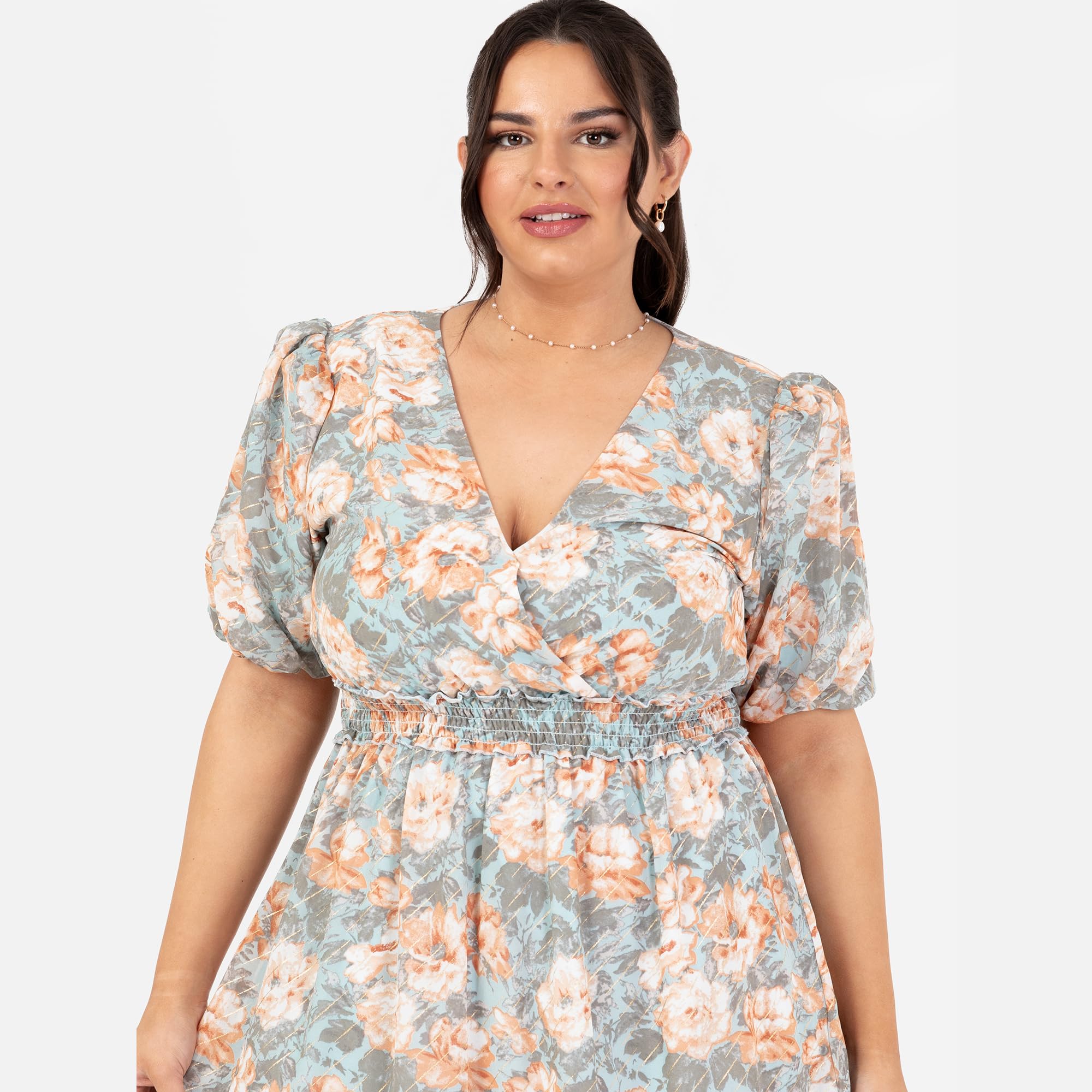 Lovedrobe Damska sukienka midi, dekolt w serek, krótki rękaw z nadrukiem, wzór kwiatowy Ruffle Fit and Flare Wedding Guest Apricot 40, morela, 40