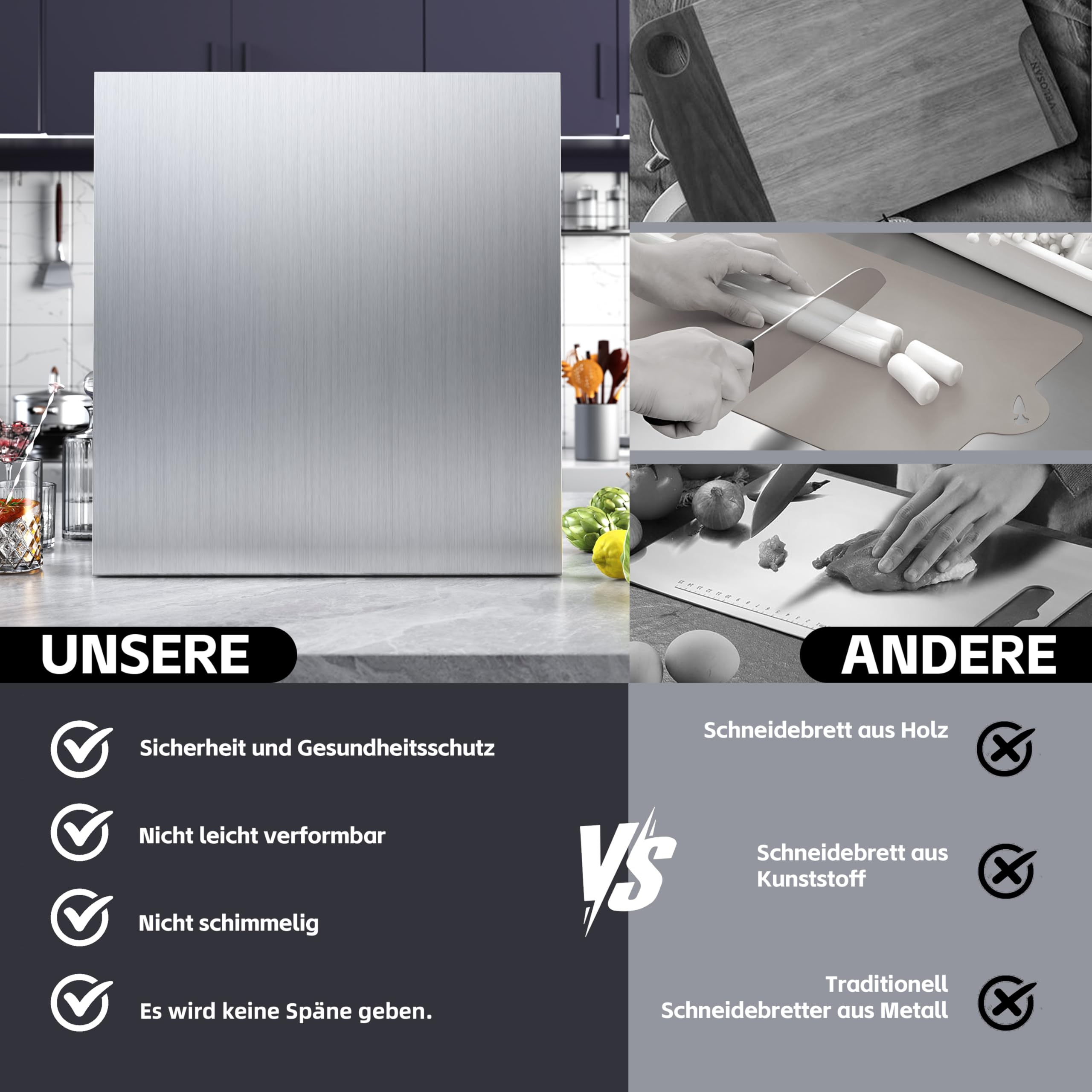 Edelstahl Schneidebrett, Arbeitsplatte Knetbrett Edelstahl Für Kneten & Backen, Küchenplatte, Nudelbrett, Backbrett, Teigbrett mit Anschlagkante, Schneidebretter Metal zum Kneten Küche (50X50cm)
