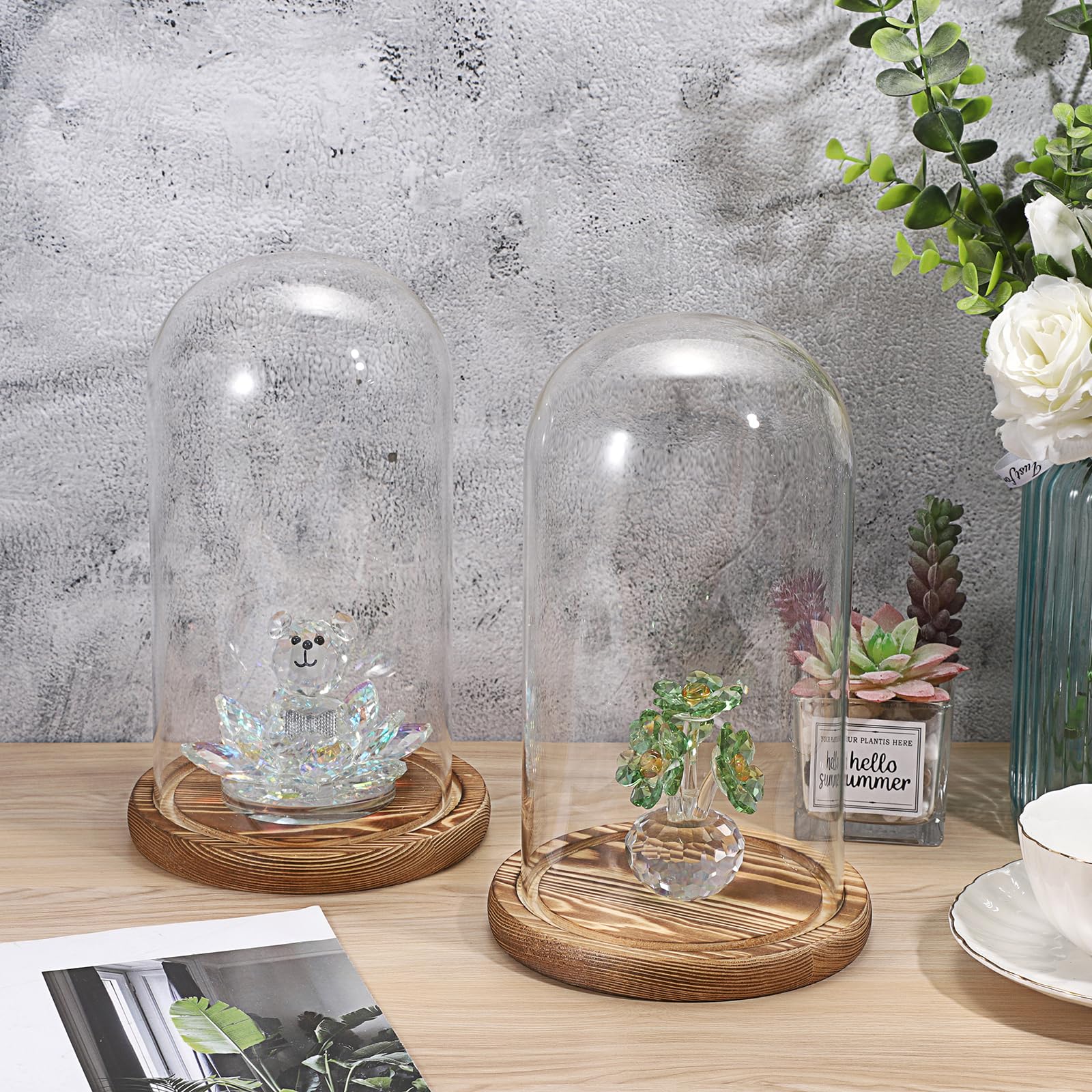 Lot de 2 dômes en verre socle bois naturel - Cloche décorative robuste - Pour lampes, bougies, roses, décorations Noël, anniversaires, Saint-Valentin