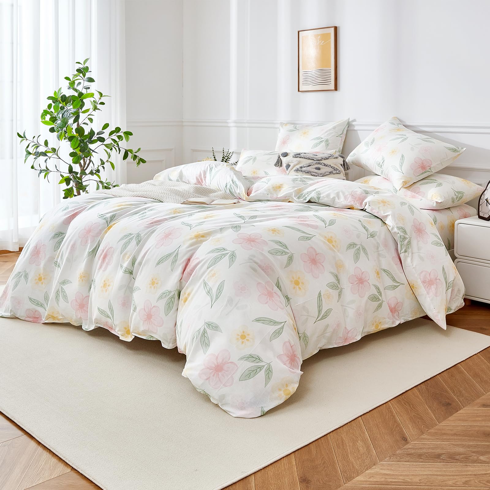 Blumen Muster Bettwäsche 135x200 Baumwolle Rosa Gelb Blumenmuster Baumwolle weich kuschelig atmungsaktiv 2 teilig für Mädchen mit Reißverschluss und Kissenbezug 80x80 cm