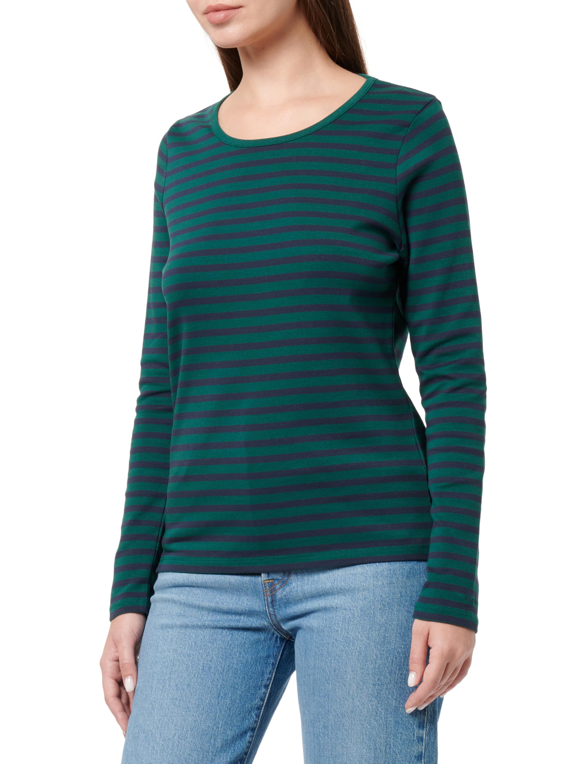 GANT Women's Slim Striped 1x1 Ribbed Ls T-Shirt, deep Forest, S