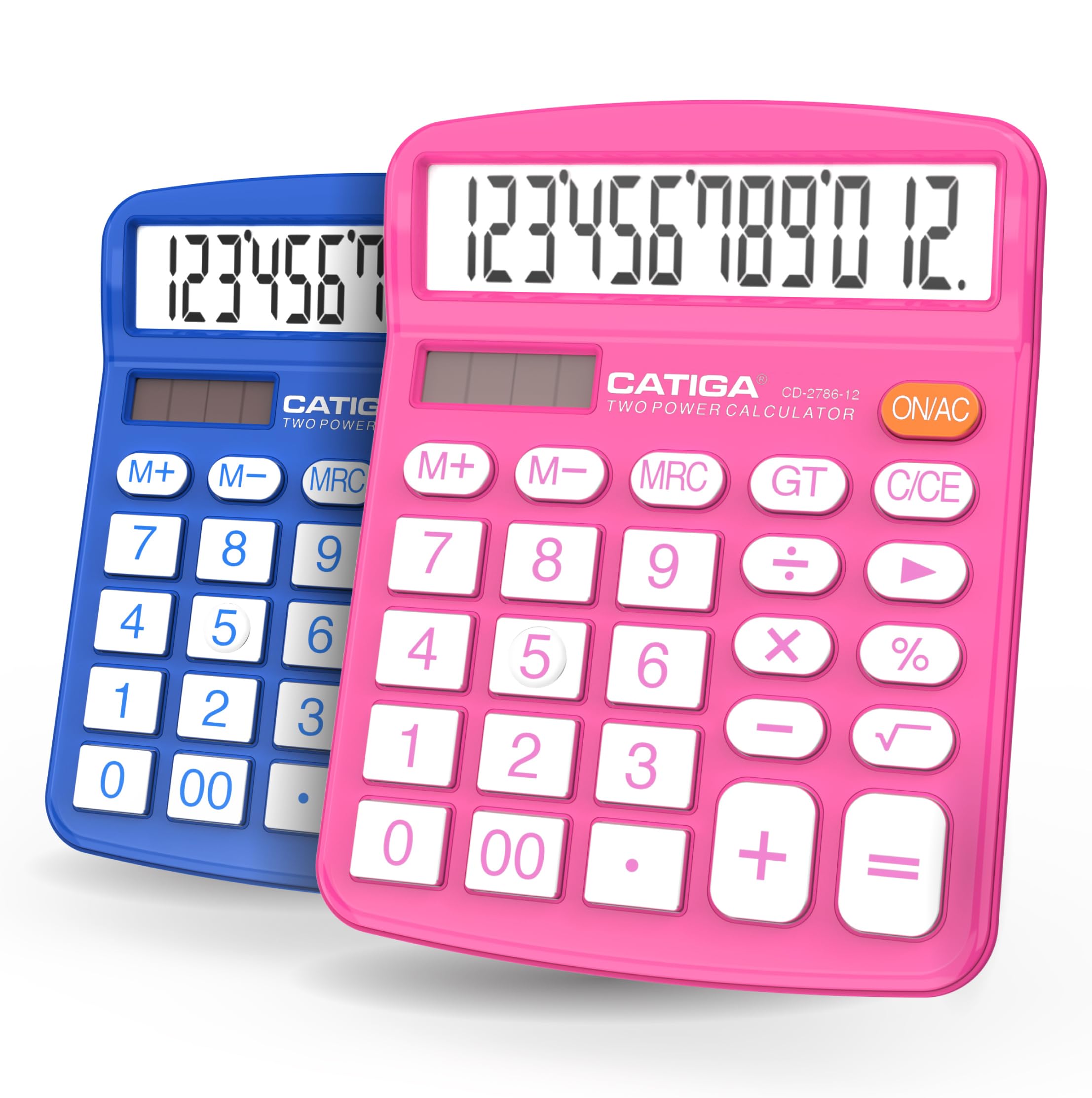 CATIGA Desktop Calculator (2 Pack) 12 Digit with Large LCD Display and Sensitive Button, Solar and Battery Dual Power, Standard Function for Office, Home, School, CD-2786 (Blue/Pink)