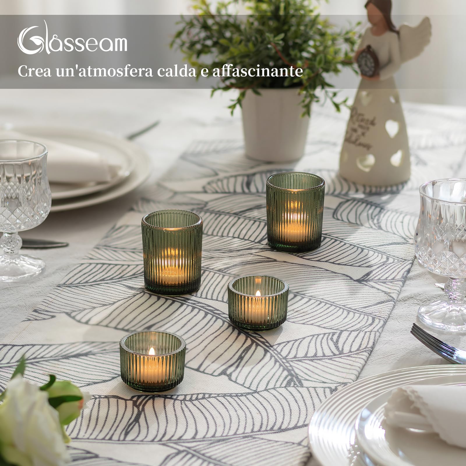 Glasseam Portacandele In Vetro Verde: Set Di 24 Portacandele Per Tealight, Portacandeles A Coste Per Centrotavola, Piccoli Portacandeles Per Natale, Matrimoni, Feste, Decorazioni Per La Casa