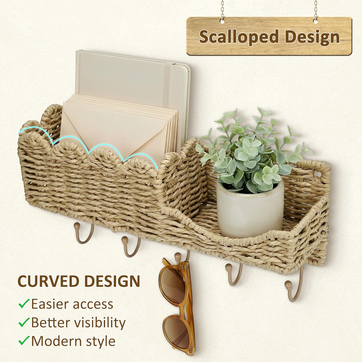 Hook Woven Rattan Key Holder & Mail Organizer, Scalloped Wave Design Decorative Wall Mount for Entryway, Living Room & Hallway, Natural Paper Rattan