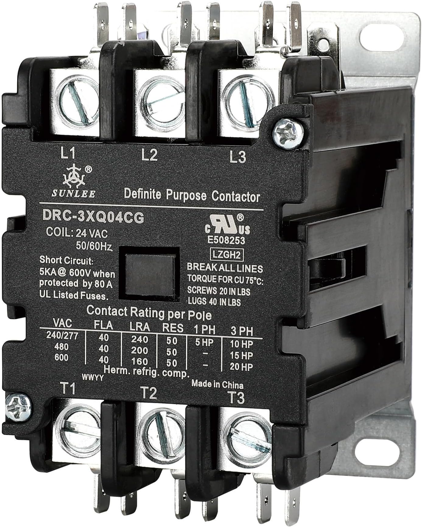 SUNLEE UL 3 pole 40 Amp Contactor 24v coil A2L Compliant fits 42CF35AJ equivalent Definite Purpose Contactor