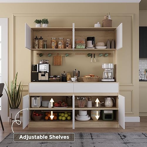 Miniatura 4 de Armario de almacenamiento de cocina, armarios grandes de despensa de 63 pulgadas de ancho con encimera de horno microondas, armario de Blanco +