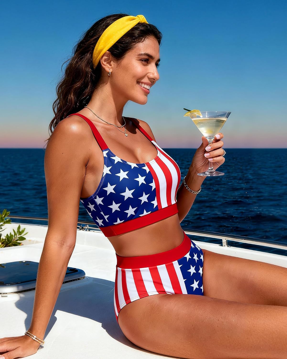 Womens High Waisted Bikini Sets Sporty Crop Top Color Block Swimwear Bandeau Scoop Neck Vintage Two Piece Bathing Suits