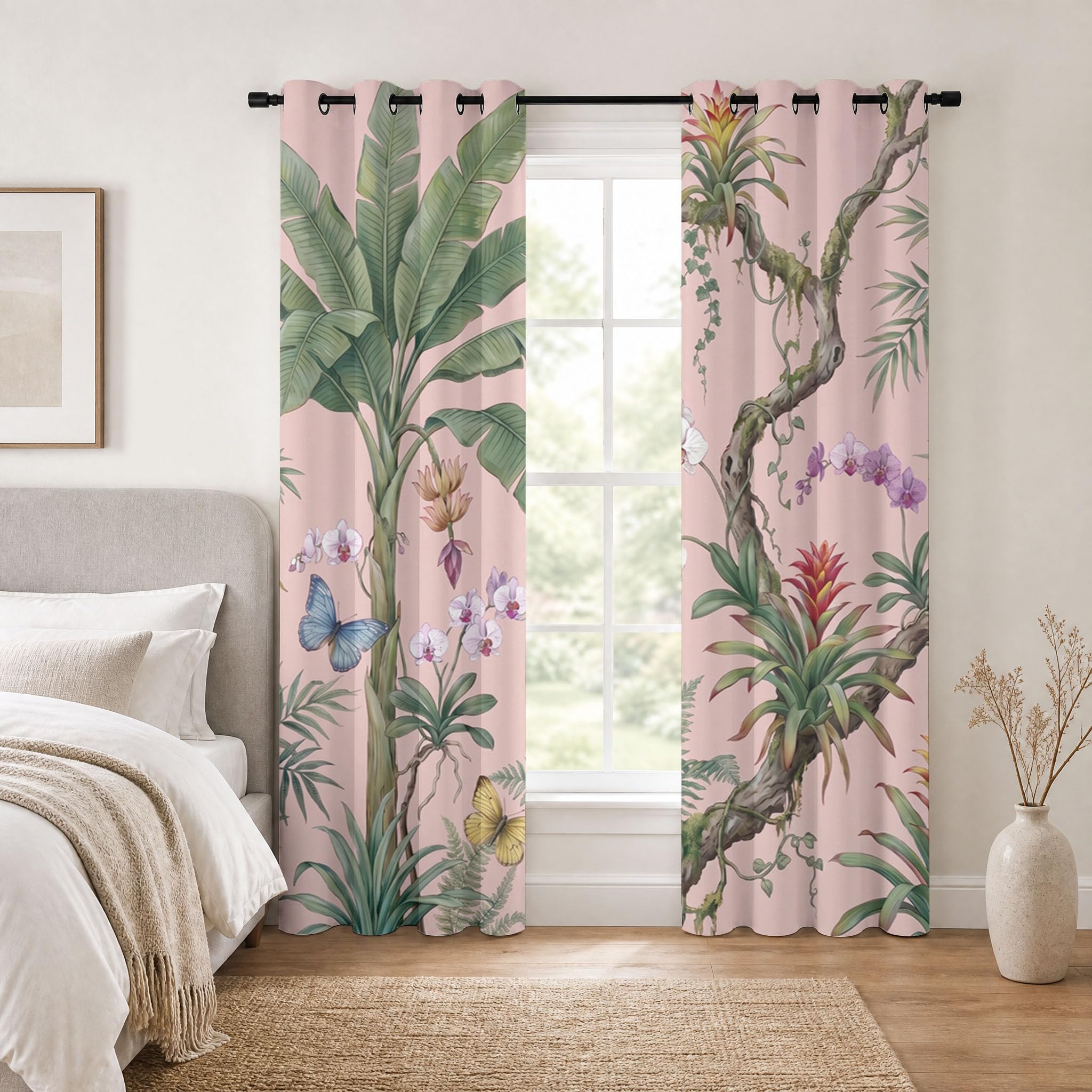 Tende Foresta pluviale tropicale Banano, bambù, orchidea Oscuranti 2 Pezzi 137 Altezza, Termiche Isolanti, Anti-Rumore, Ideali per Camera da Letto e Soggiorno, 117 X 137 cm, Rosa