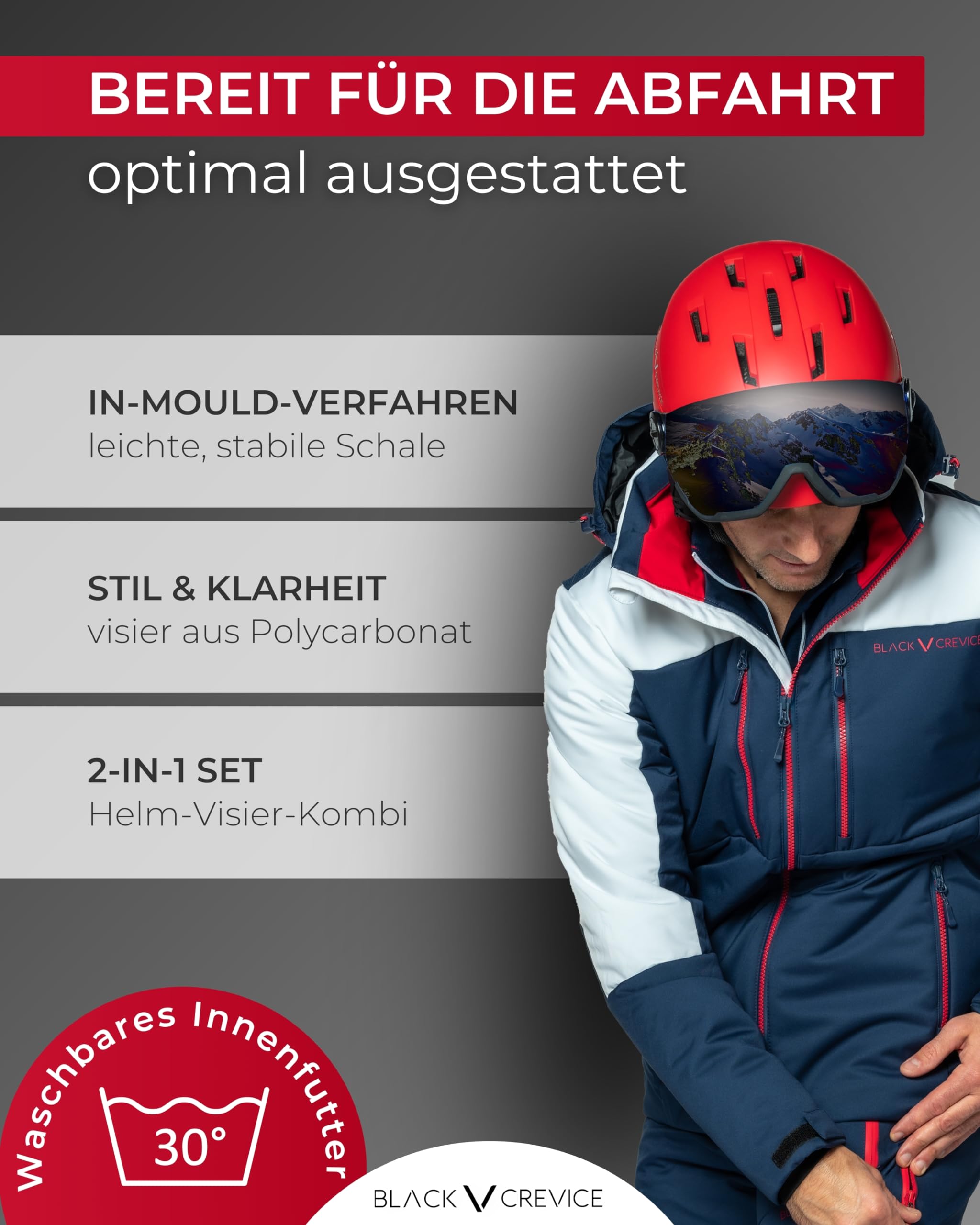 BLACK CREVICE Skihelm Wengen I Skihelm mit Visier aus Polycarbonat I Skihelm Herren & Damen I Leichte Double-Inmould-Technologie I Atmungsaktiver Ski-Helm I Größenverstellbar