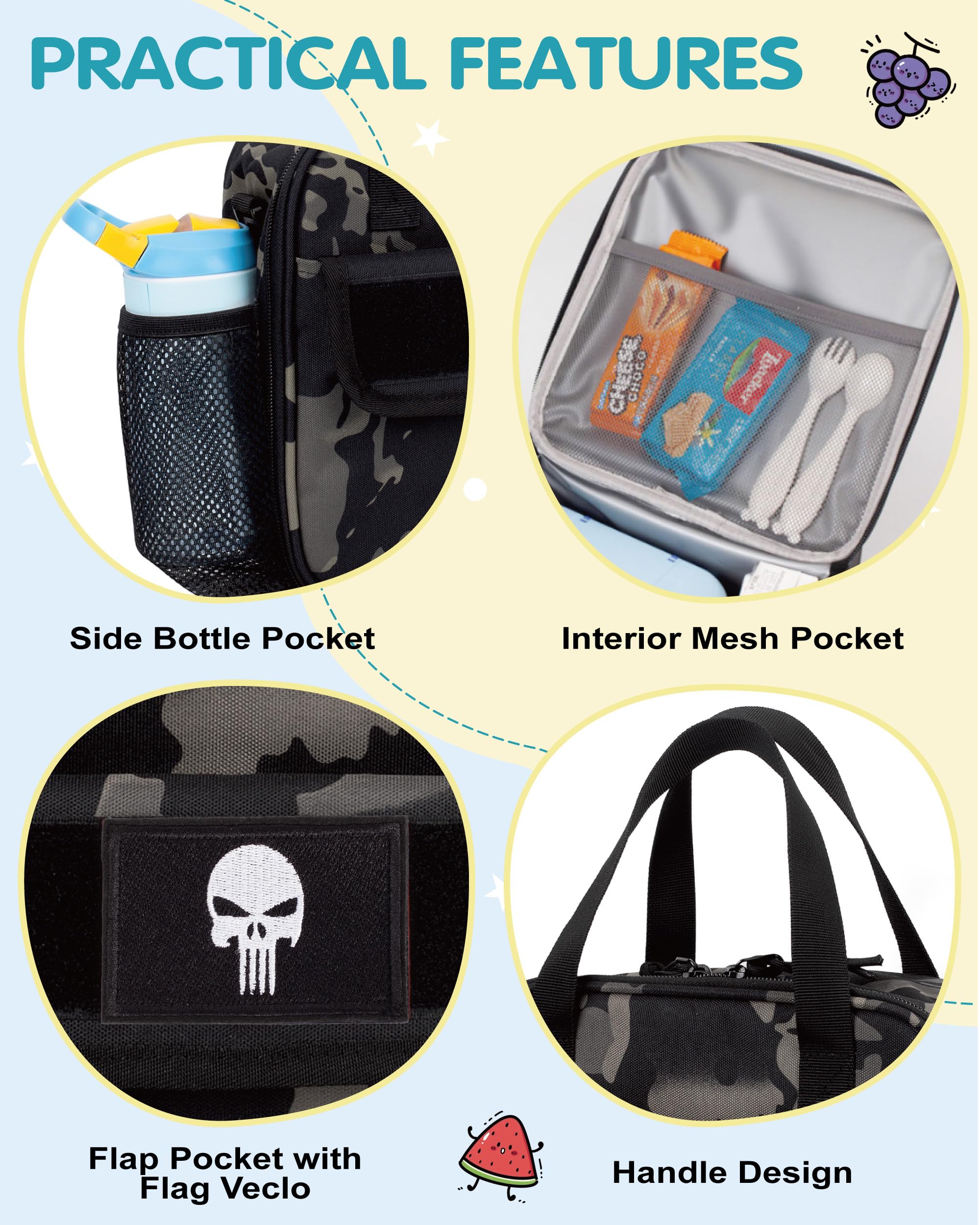 Lunch box tattica per ragazzi, borsa termica per bambini con tracolla e porta-bottiglia, piccola borsa frigo riutilizzabile e idrorepellente per scuola e asilo