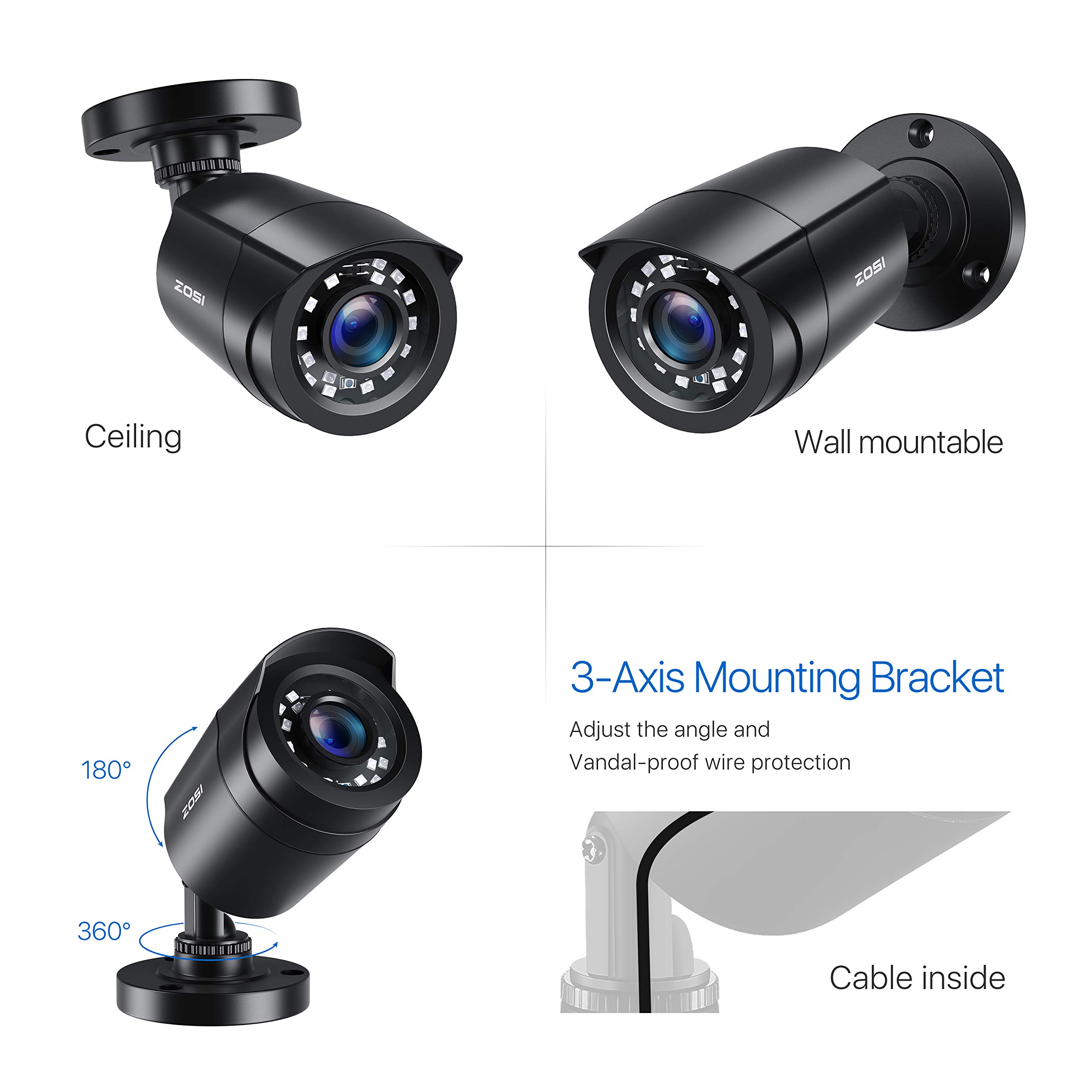 ZOSI 4pcs 1080P HD-TVI Cámara de Vigilancia Exterior para CCTV DVR Sistema de Cámaras de Seguridad, Visión Nocturna IR