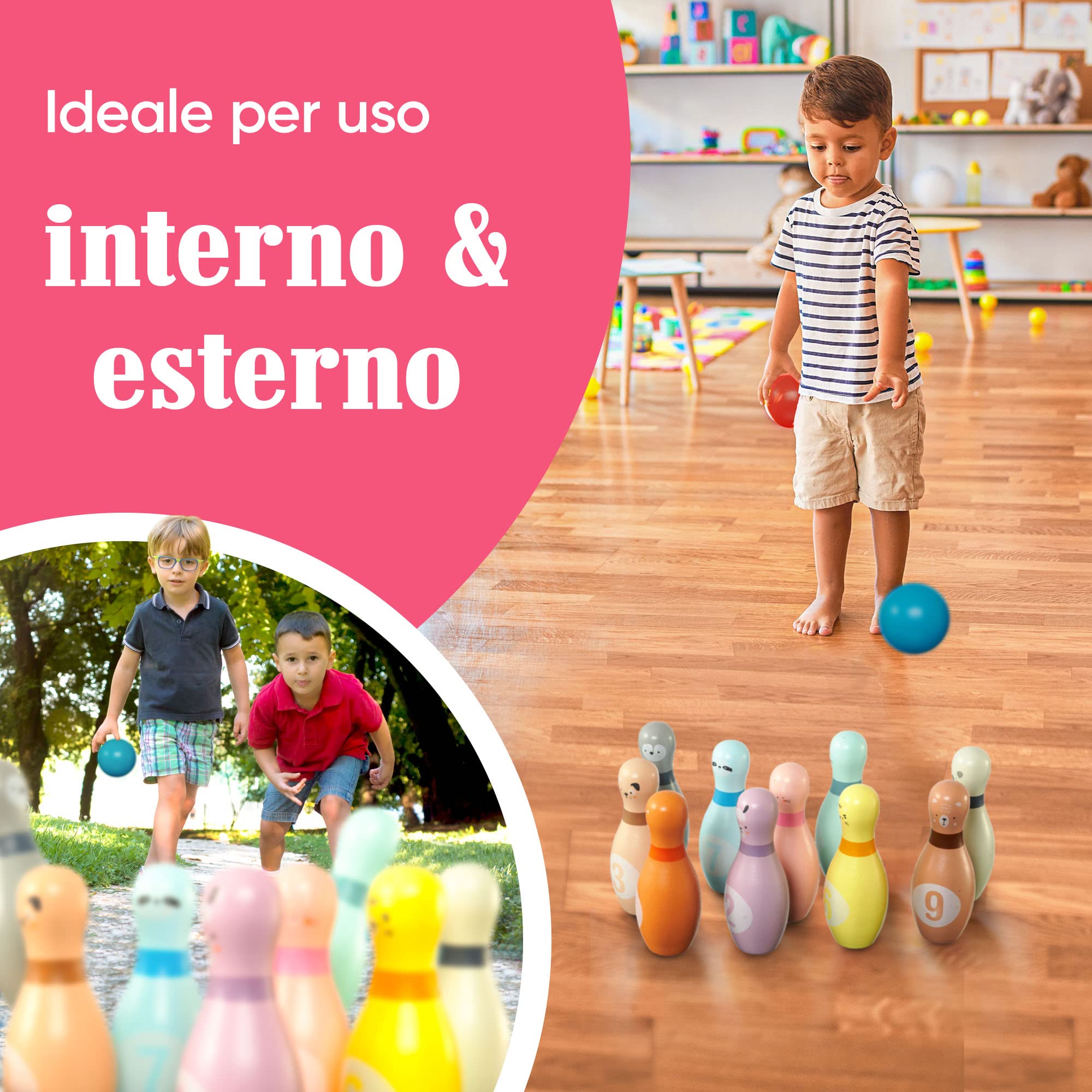 Pink Papaya Birilli Bowling per Bambini | Set da 12 Pezzi per Maschi e Femmine | Giochi in Legno Certificato FSC | Giocattoli da Interno ed Esterno | Giochi Educativi