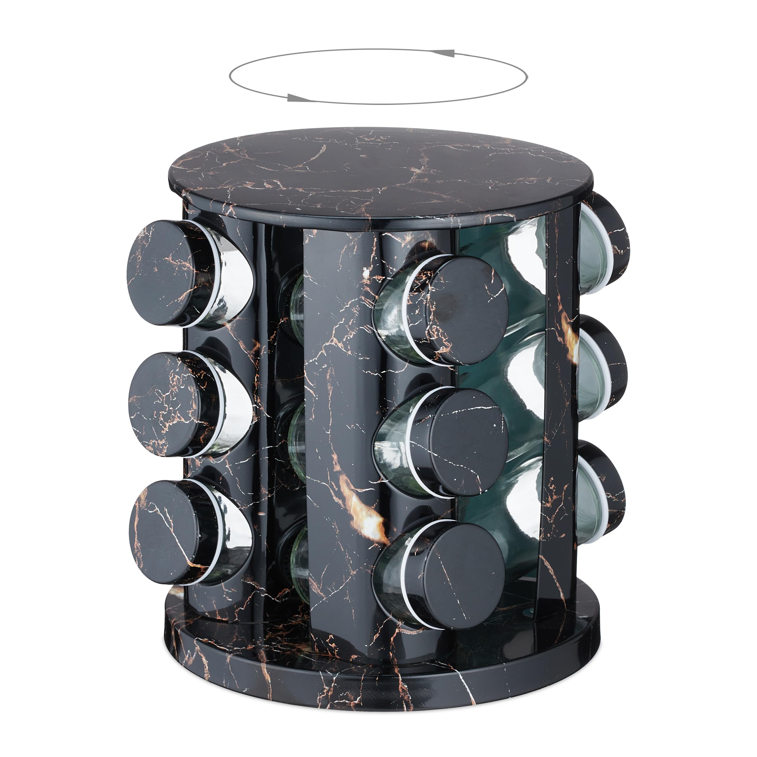 Relqxdays Tourniquet à épices, Rotatif, 12 Pots réutilisables, chacun avec Embout tamiseur, Effet marbre, Noir
