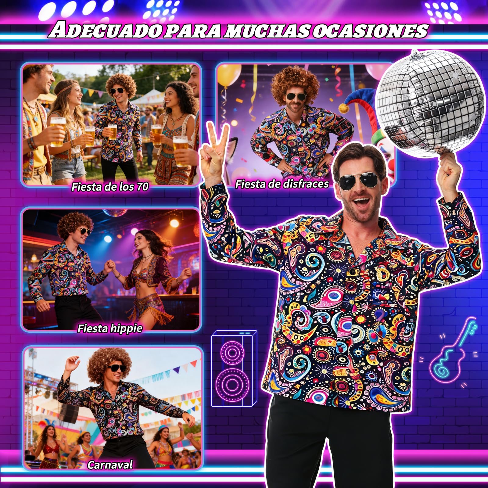 PATEMZON Disfraz de los años 70 para Hombre, Camisa hawaiana, Disfraz Hippie para Hombre, Pantalones de Bateo, Peluca, Cinturón, Gafas, Barba y Cadena de Oro, Disfraz Hippie de Carnaval