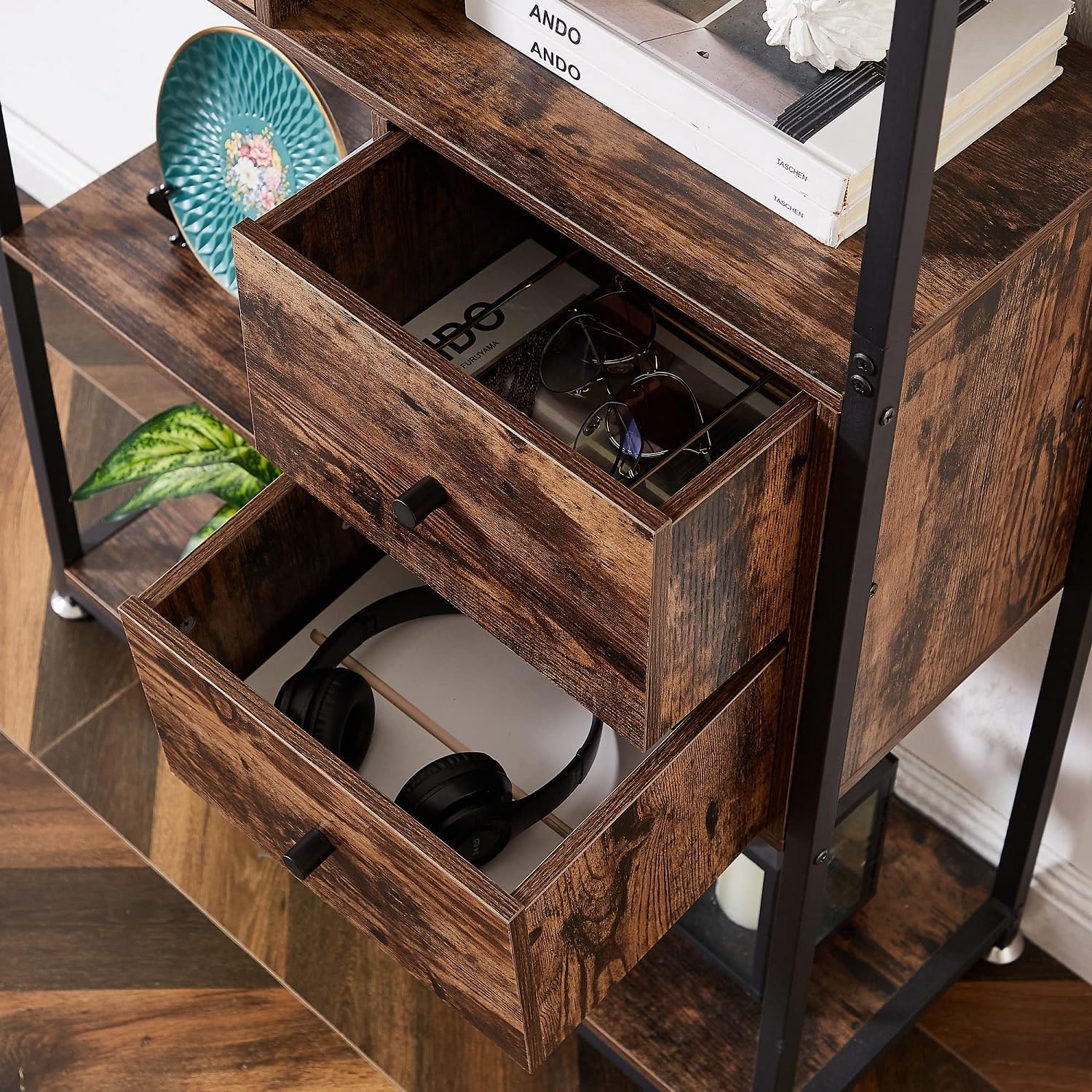 VECELO 5 Tier Bookcase,Open Book Shelf with Middle Drawers Storage Organizer for Living Room,Home Office