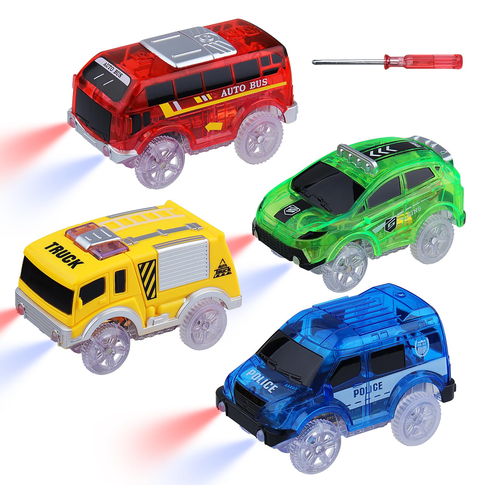 Glohen Tracks 3 Auto Giocattolo Con Luci LED Lampeggianti – Pista Magica, Compatibili Con Maggiori Tracce, Per Bambini 3-7 Anni - 5
