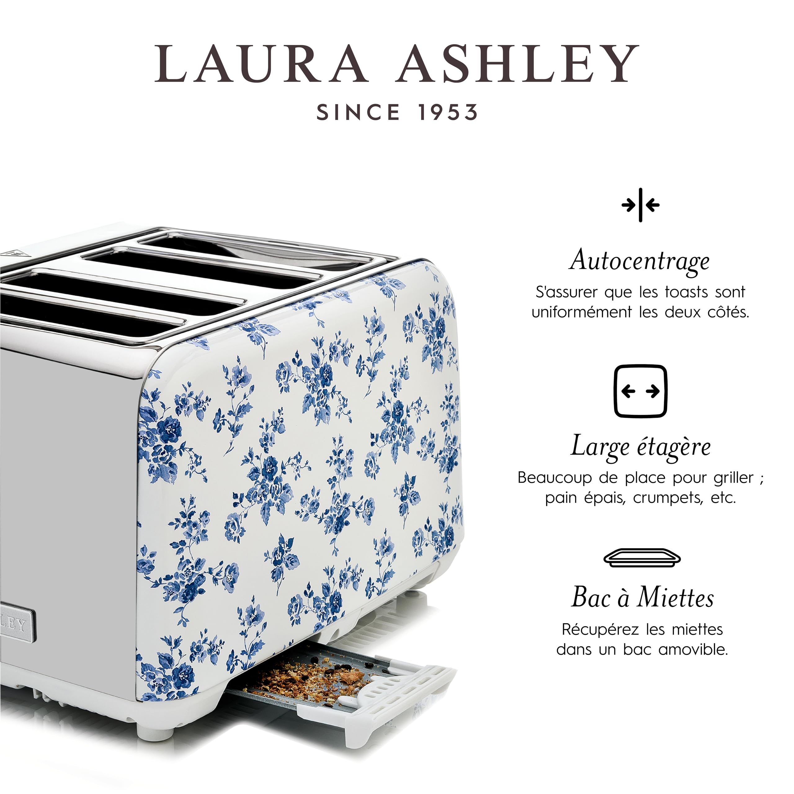 VQ Laura Ashley Grille-Pains 4 Tranches avec Modes de Chauffage, Décongélation et Réchauffage Réglables - Inox Grille Pain Vintage avec un Support de Réchauffage Pour Croissants - China Rose | Avec modes de chauffage, de décongélation et de réchauffement