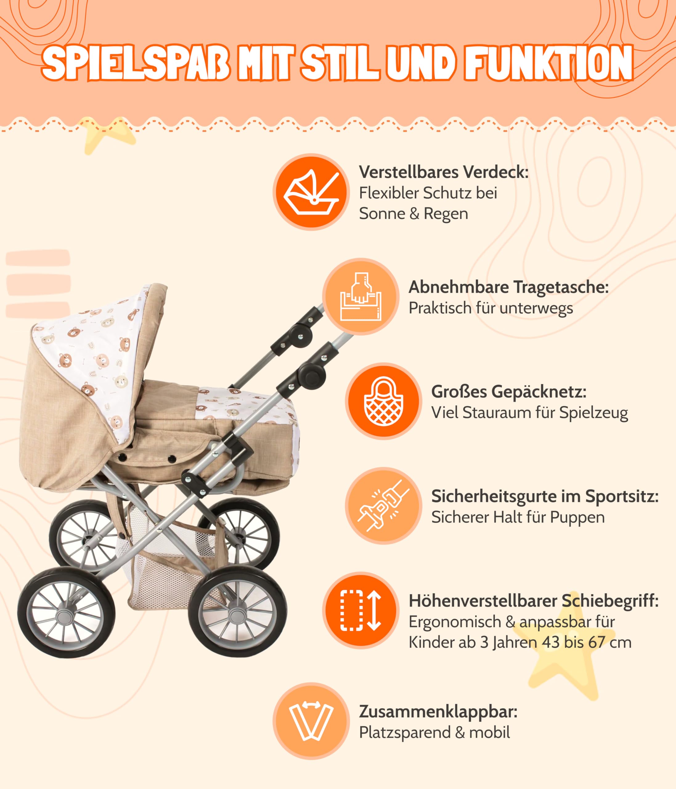 Bayer Chic 2000® Wózek dla lalek Leni kombi 3 w 1, beżowy, składany, uchwyt z regulacją wysokości 43-67 cm, torba do przenoszenia – lalki do 46 cm, od 3 J.