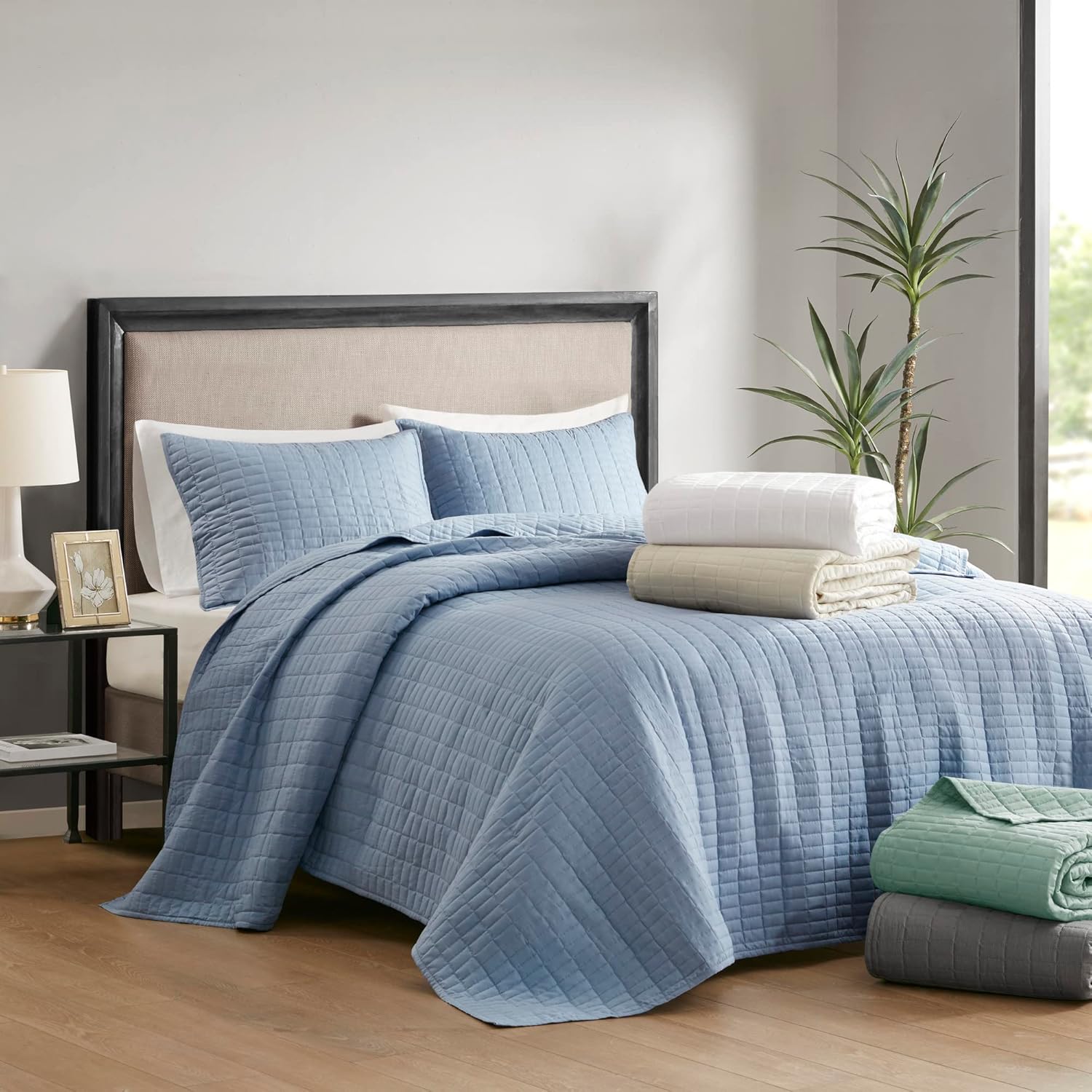 Comfort Spaces King Quilt-All Season Bedding, Blue Bedspread with Double Sided Stitching Design, Soft Summer Blanket Matching Shams Coverlet Kienna Collection (120"x118") 3 Piece