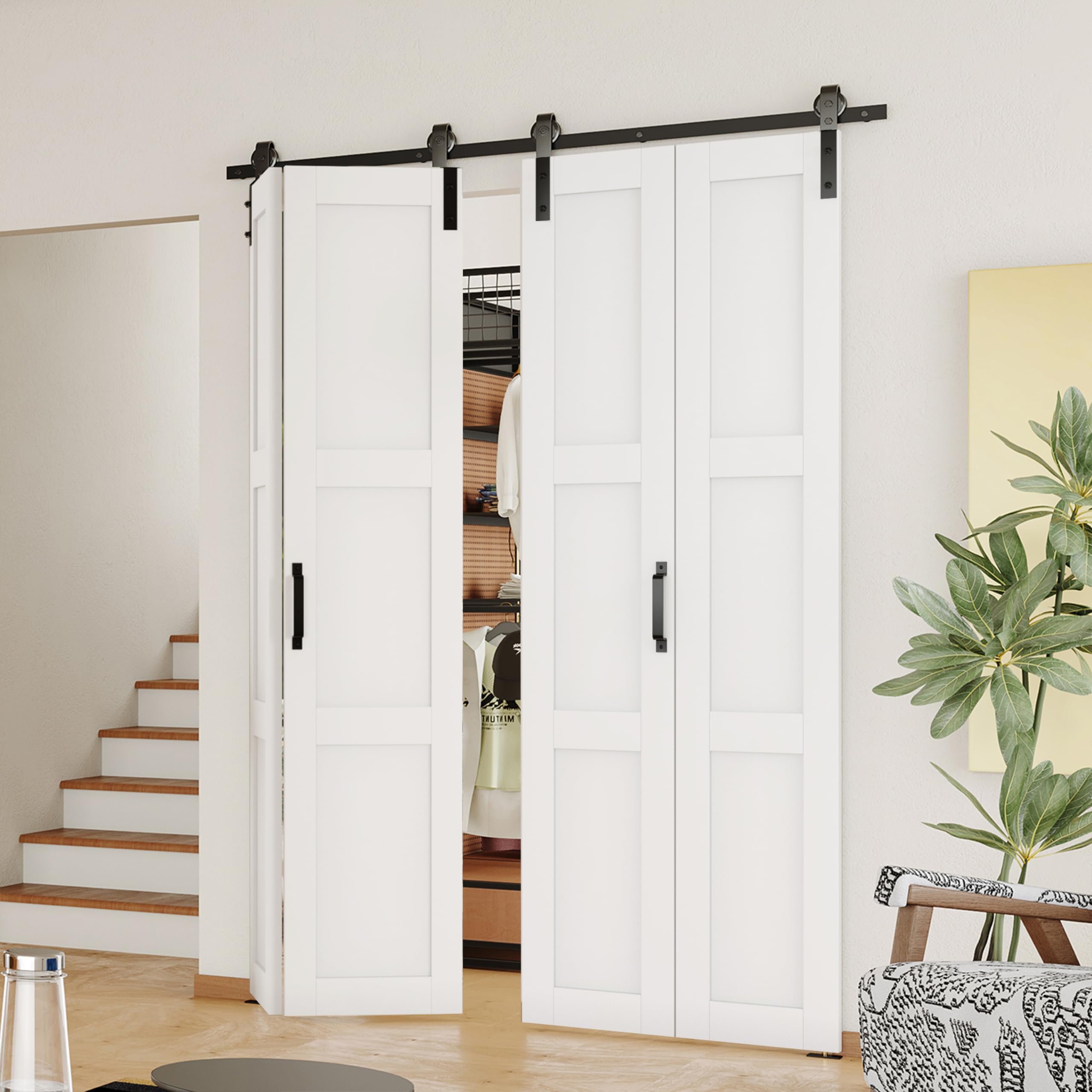 Bi-Fold Barn Door 48"（24" x2） x 84", 3-Panel Folding Door with Sliding Hardware Kit Set, Pre-drilled Closet Door Slab, 4.33FT Track for 4 Doors, MDF, White